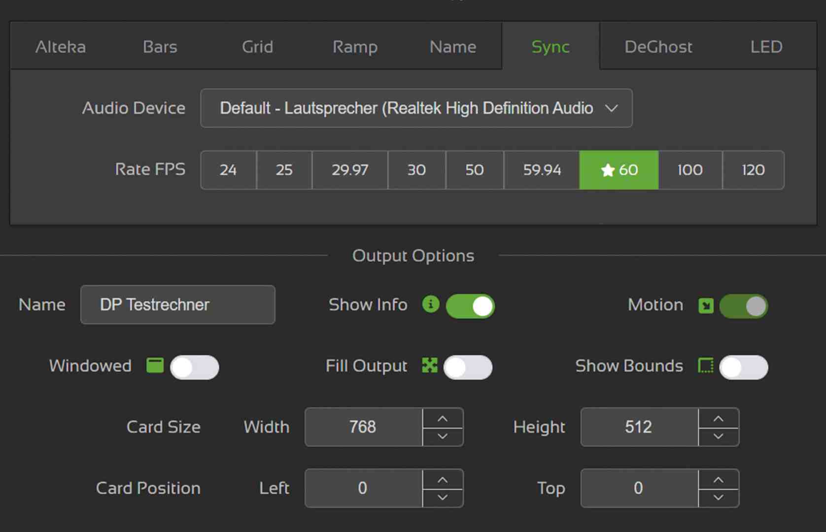 a screenshot of software settings displaying options for audio device selection frame rate settings and output options such as card size and position the interface includes checkboxes for enabling info motion and fill output digital production A screenshot of software settings displaying options for audio device selection, frame rate settings, and output options such as card size and position. The interface includes checkboxes for enabling info, motion, and fill output.