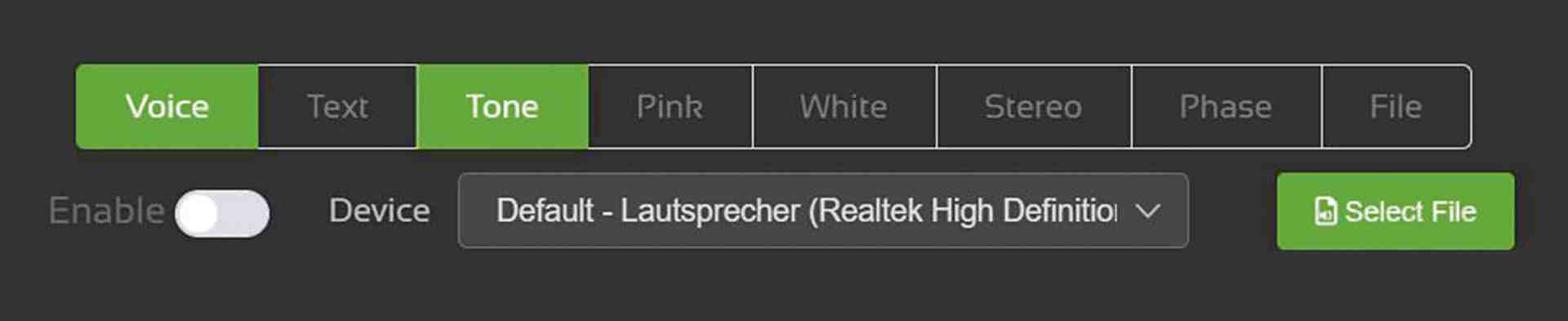 a user interface showing audio settings with options for voice text tone and different sound types it includes a toggle switch marked enable and a dropdown labeled device with options for audio outputs digital production A user interface showing audio settings with options for 'Voice,' 'Text,' 'Tone,' and different sound types. It includes a toggle switch marked 'Enable' and a dropdown labeled 'Device' with options for audio outputs.