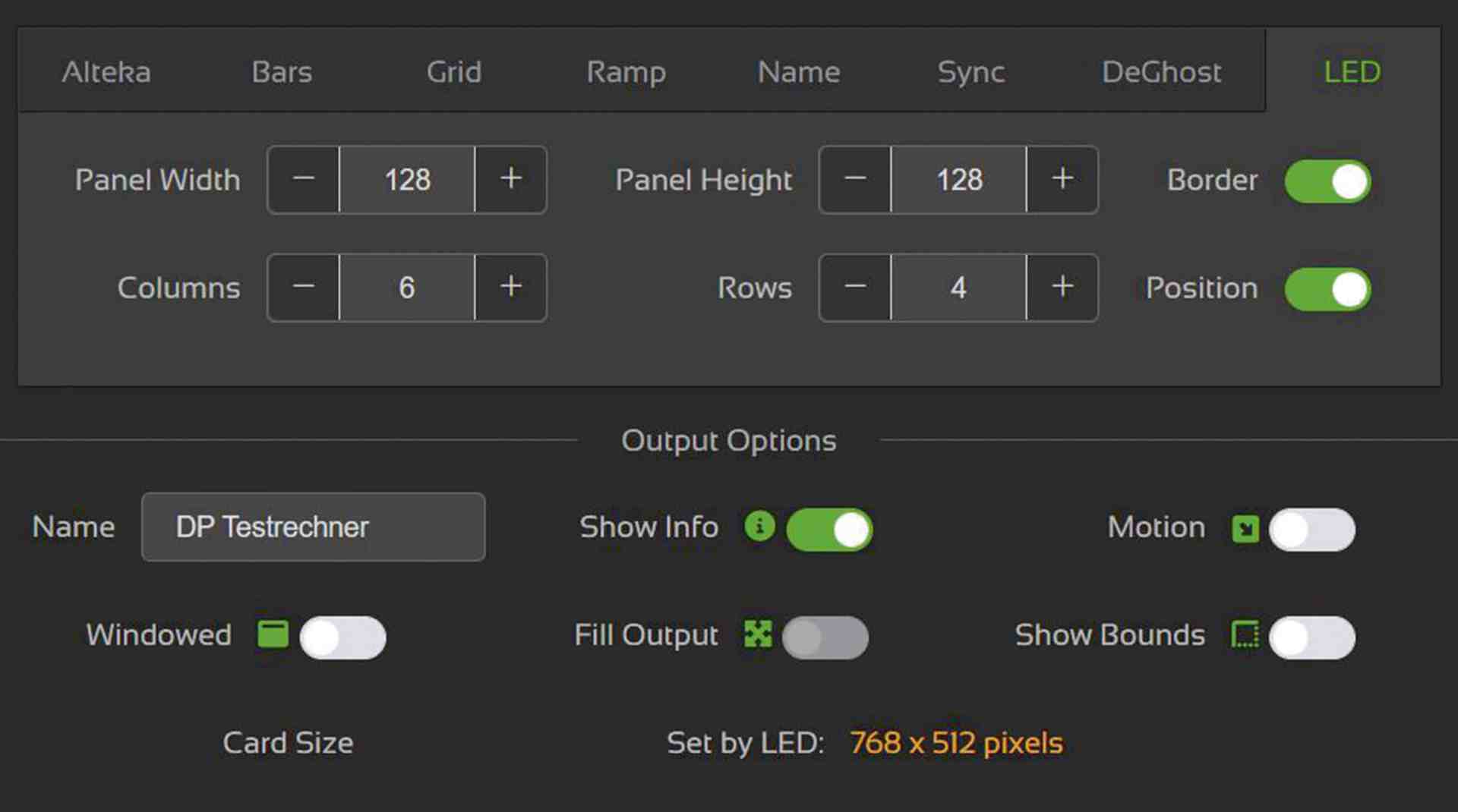 a digital interface displaying settings for led panel configuration including options for panel width height columns and rows output options for name show info windowed mode and fill output are also visible alongside a card size setting digital production A digital interface displaying settings for LED panel configuration, including options for panel width, height, columns, and rows. Output options for name, show info, windowed mode, and fill output are also visible, alongside a card size setting.