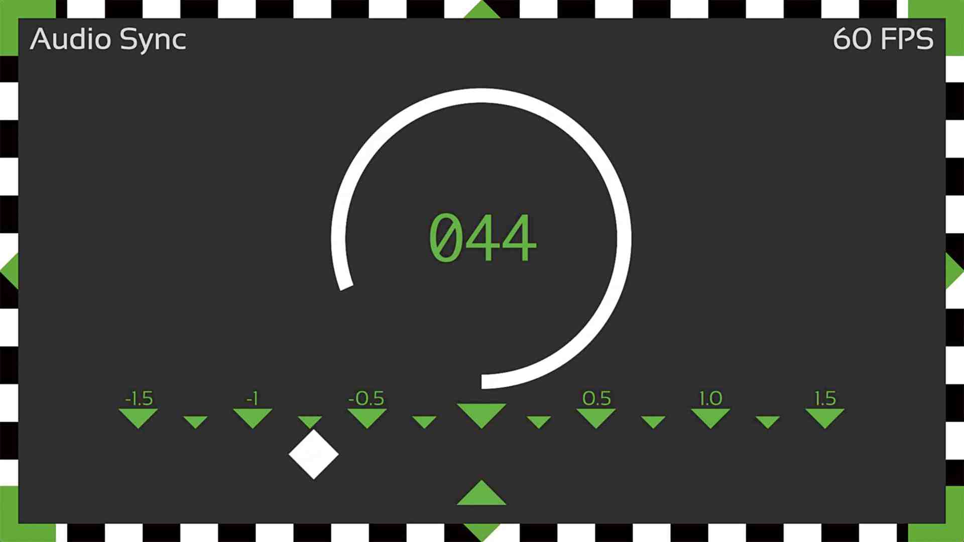an audio sync software interface displaying a circular gauge with a needle pointing to 044 below a series of triangular markers are positioned along a horizontal line with text indicating time offsets the background is dark with a checkerboard border digital production An audio sync software interface displaying a circular gauge with a needle pointing to 044. Below, a series of triangular markers are positioned along a horizontal line, with text indicating time offsets. The background is dark with a checkerboard border.