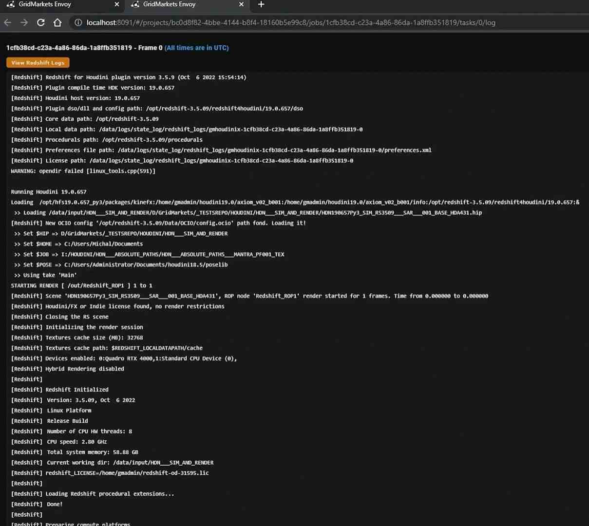 screenshot of a terminal interface running a software plugin for rendering showing log messages loading status and initialization details the output includes warnings and resource settings for the rendering process digital production Screenshot of a terminal interface running a software plugin for rendering, showing log messages, loading status, and initialization details. The output includes warnings and resource settings for the rendering process.