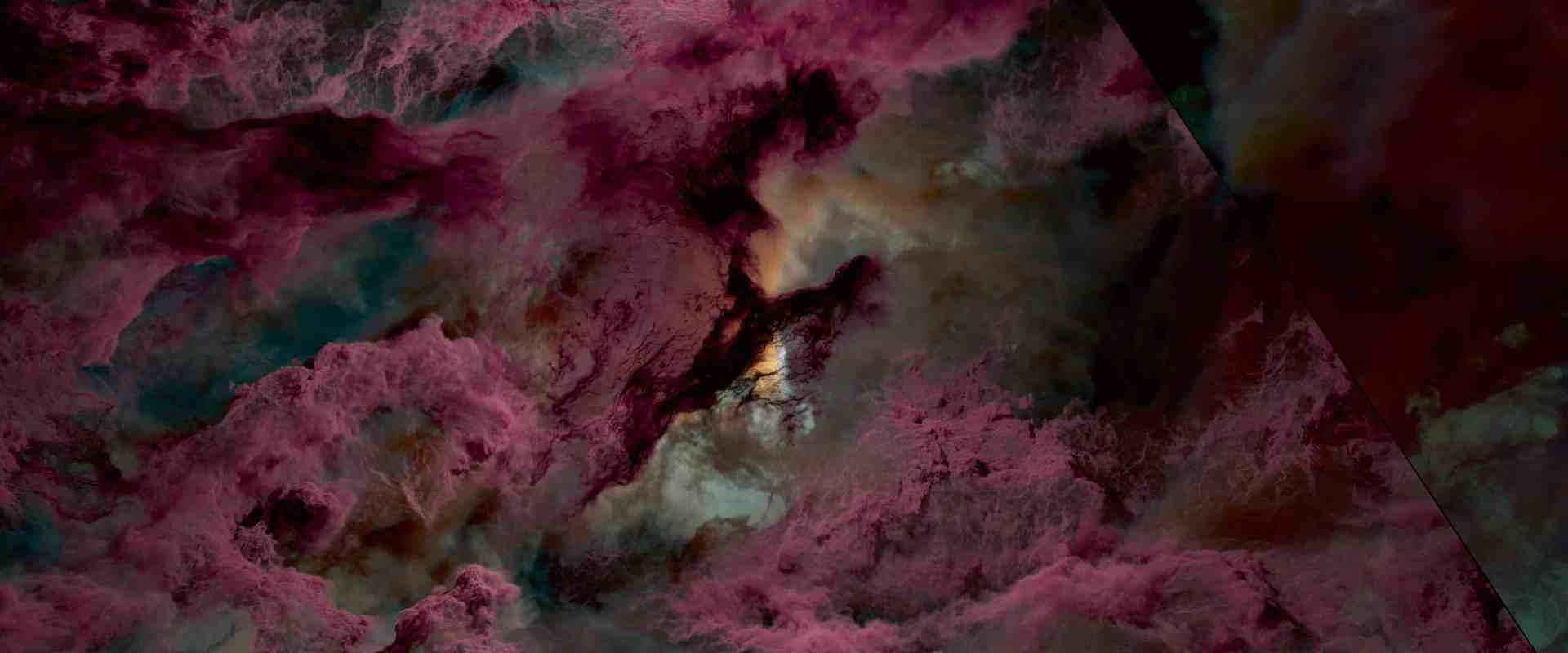 a dramatic sky filled with swirling clouds in shades of pink red and dark gray illuminated by hints of blue and light the scene captures a vibrant and abstract portrayal of an atmospheric landscape digital production A dramatic sky filled with swirling clouds in shades of pink, red, and dark gray, illuminated by hints of blue and light. The scene captures a vibrant and abstract portrayal of an atmospheric landscape.