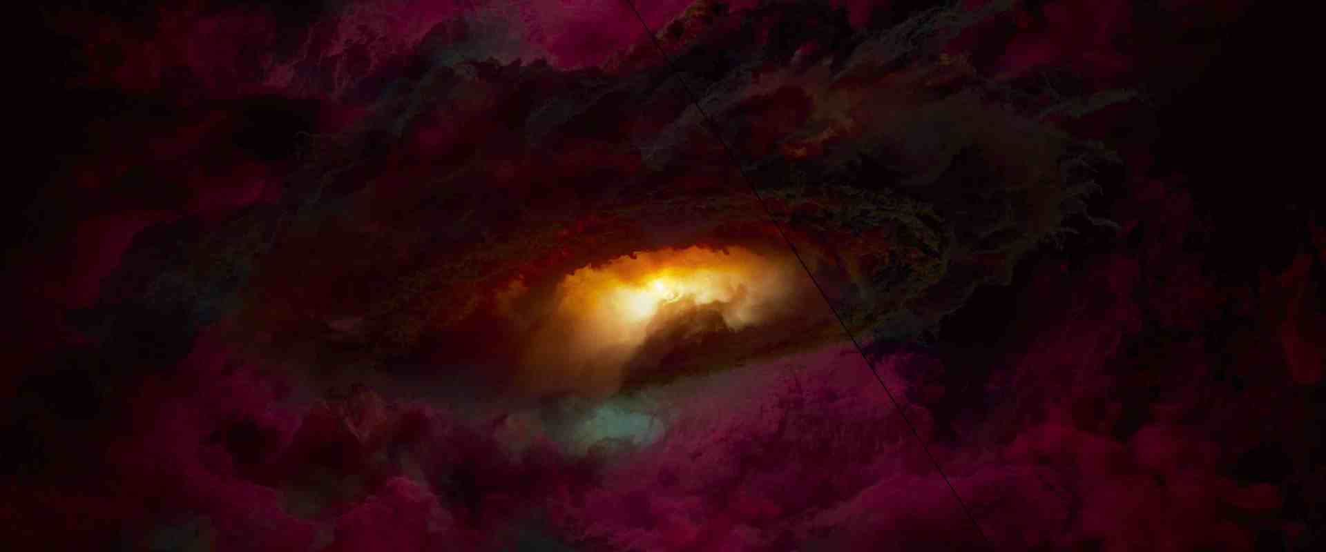 a cosmic scene featuring swirling clouds of purple and red with a bright orange light emerging from the center depicting a celestial formation digital production A cosmic scene featuring swirling clouds of purple and red, with a bright orange light emerging from the center, depicting a celestial formation.