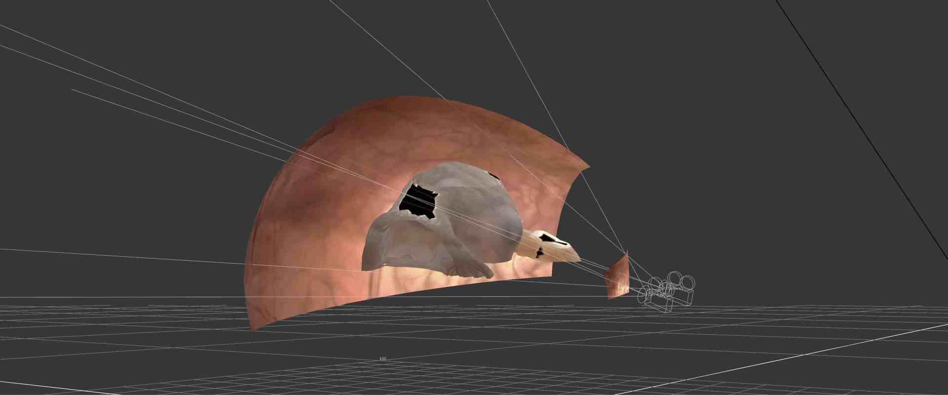 a 3d model featuring a hollow organic shape with a smooth surface set against a dark background with grid lines indicating a digital workspace additional geometric structures are present near the edges of the model digital production A 3D model featuring a hollow, organic shape with a smooth surface, set against a dark background with grid lines indicating a digital workspace. Additional geometric structures are present near the edges of the model.