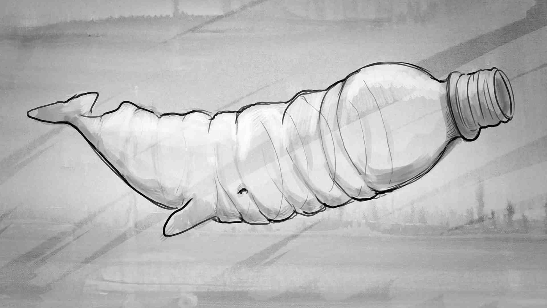 a stylized illustration of a whale shaped like a plastic bottle blending elements of marine life and environmental commentary the drawing is monochrome emphasizing the contrast against a subtle background digital production A stylized illustration of a whale shaped like a plastic bottle, blending elements of marine life and environmental commentary. The drawing is monochrome, emphasizing the contrast against a subtle background.