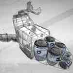 a conceptual sketch of a large futuristic vehicle resembling a ship or aircraft featuring an elongated body and multiple cylindrical engines with a small figure drawn beside it for scale digital production A conceptual sketch of a large futuristic vehicle resembling a ship or aircraft, featuring an elongated body and multiple cylindrical engines, with a small figure drawn beside it for scale.