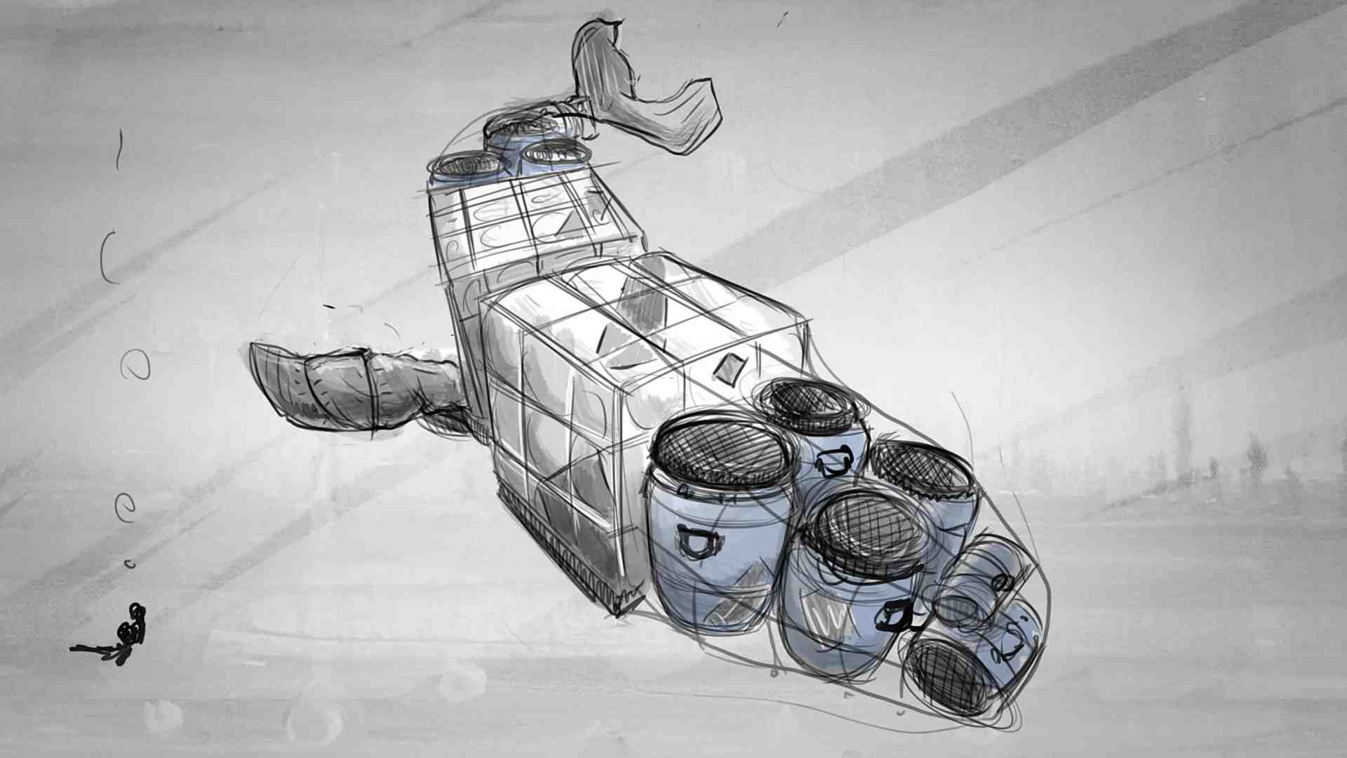 a conceptual sketch of a large futuristic vehicle resembling a ship or aircraft featuring an elongated body and multiple cylindrical engines with a small figure drawn beside it for scale digital production A conceptual sketch of a large futuristic vehicle resembling a ship or aircraft, featuring an elongated body and multiple cylindrical engines, with a small figure drawn beside it for scale.