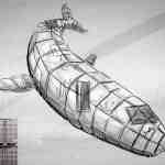 a conceptual illustration of a large whaleshaped structure with a geometric design in the foreground there are shipping containers stacked and a small figure is sitting beside them observing the structure in a graytoned environment digital production A conceptual illustration of a large, whale-shaped structure with a geometric design. In the foreground, there are shipping containers stacked, and a small figure is sitting beside them, observing the structure in a gray-toned environment.