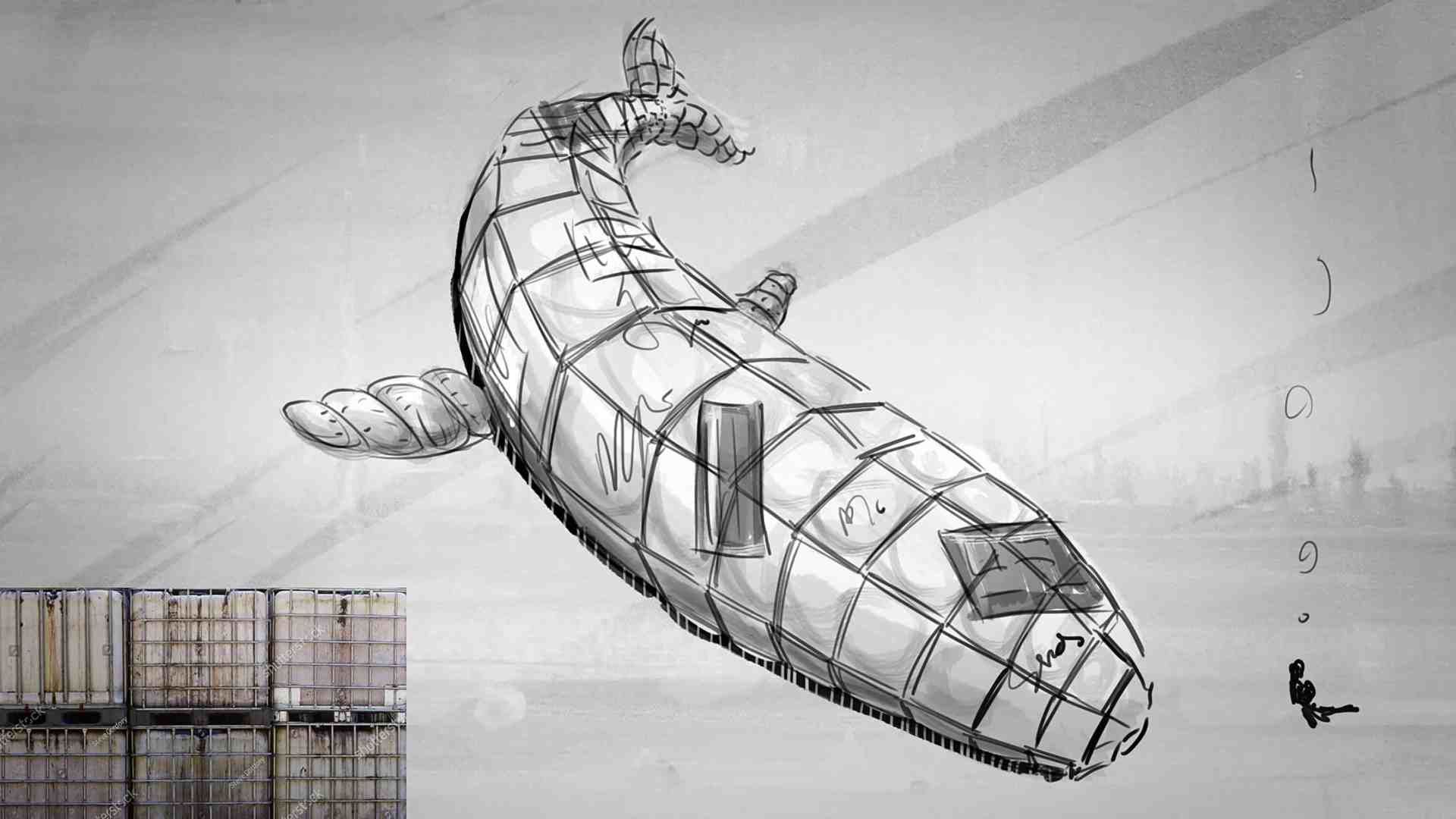 a conceptual illustration of a large whaleshaped structure with a geometric design in the foreground there are shipping containers stacked and a small figure is sitting beside them observing the structure in a graytoned environment digital production A conceptual illustration of a large, whale-shaped structure with a geometric design. In the foreground, there are shipping containers stacked, and a small figure is sitting beside them, observing the structure in a gray-toned environment.