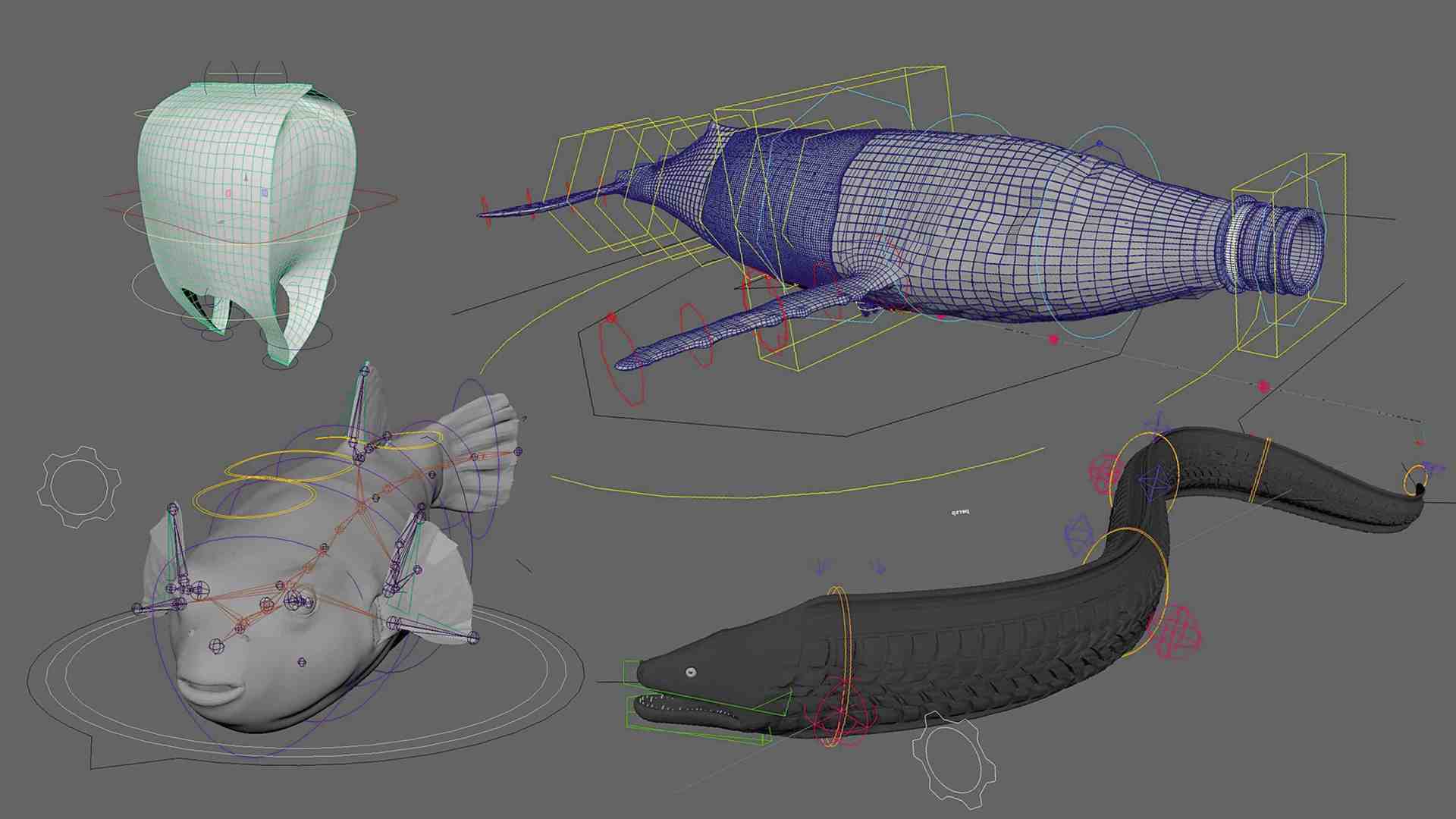a digital 3d model representation showing a tooth a fish and an eel in various wireframe states on a gray background highlighting the modeling and rigging process with colored control points and mesh outlines digital production A digital 3D model representation showing a tooth, a fish, and an eel in various wireframe states on a gray background, highlighting the modeling and rigging process with colored control points and mesh outlines.