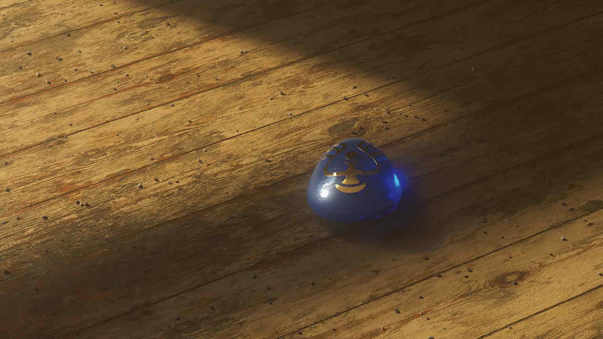 a blue eggshaped object with a shiny surface and golden markings is resting on a wooden floor with visible grain and dust particles digital production A blue, egg-shaped object with a shiny surface and golden markings is resting on a wooden floor with visible grain and dust particles.