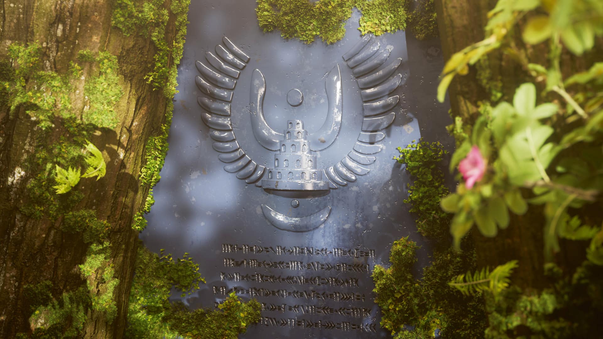 a stone plaque with a carved emblem surrounded by green moss and foliage in a forest setting the emblem features wings and a tower design text is inscribed on the plaque partially obscured by moss and plants digital production A stone plaque with a carved emblem surrounded by green moss and foliage in a forest setting. The emblem features wings and a tower design. Text is inscribed on the plaque, partially obscured by moss and plants.