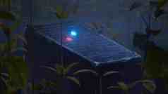 a rectangular stone tablet with inscriptions displayed in a dimly lit environment surrounded by tall green plants two colored lights one blue and one red are illuminated on the tablets surface digital production A rectangular stone tablet with inscriptions displayed in a dimly lit environment, surrounded by tall green plants. Two colored lights, one blue and one red, are illuminated on the tablet's surface.