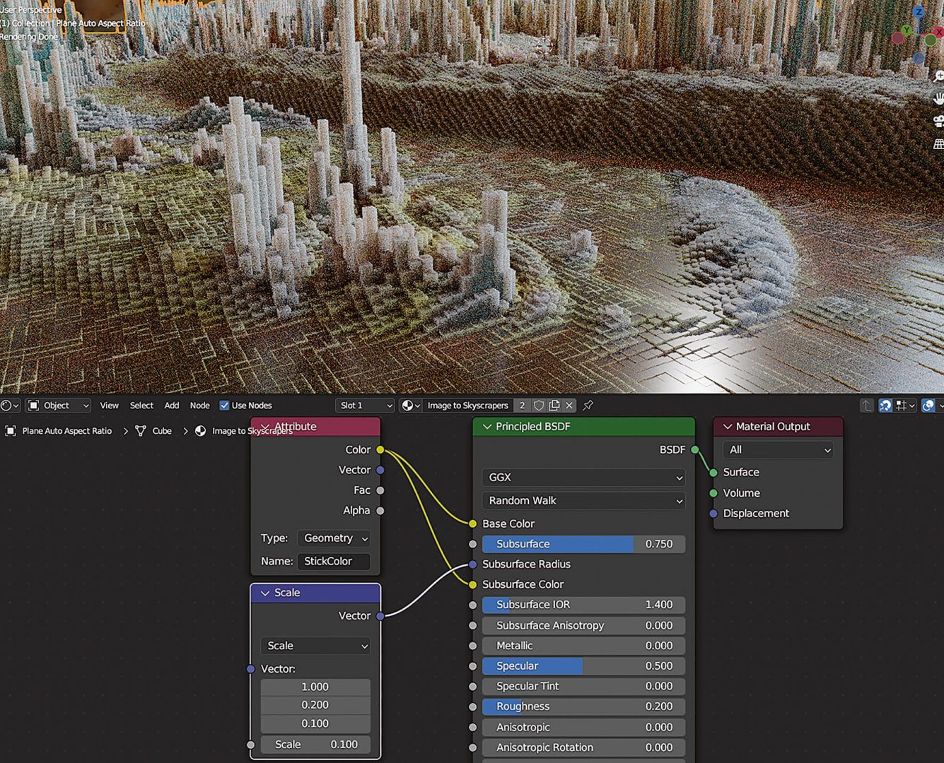 a computergenerated 3d landscape showcasing intricate structures resembling crystalline formations with a user interface displaying nodebased settings in blender software for material properties and geometry manipulation digital production A computer-generated 3D landscape showcasing intricate structures resembling crystalline formations, with a user interface displaying node-based settings in Blender software for material properties and geometry manipulation.