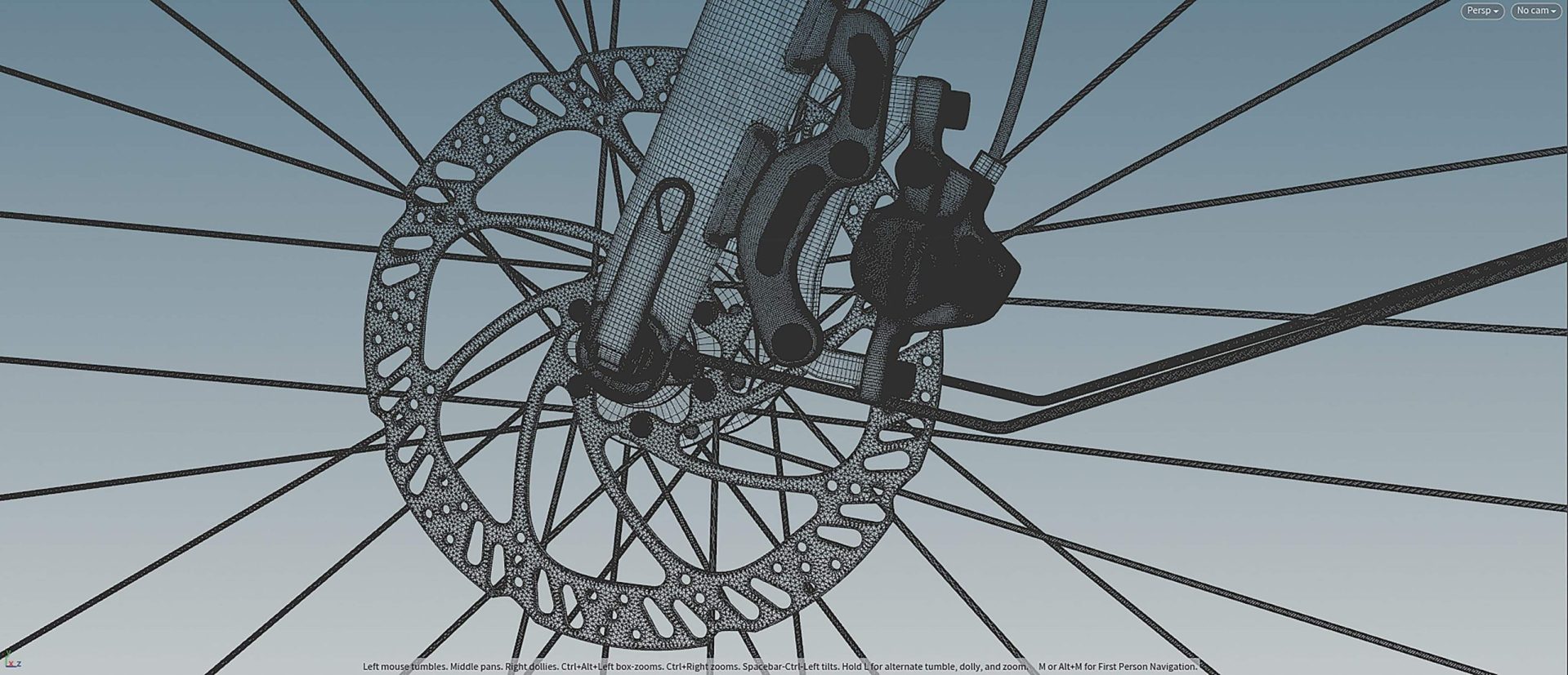 closeup view of a bicycles disc brake system showing the rotor caliper and brake pads prominently with bike spokes in the background digital production Close-up view of a bicycle's disc brake system showing the rotor, caliper, and brake pads prominently, with bike spokes in the background.