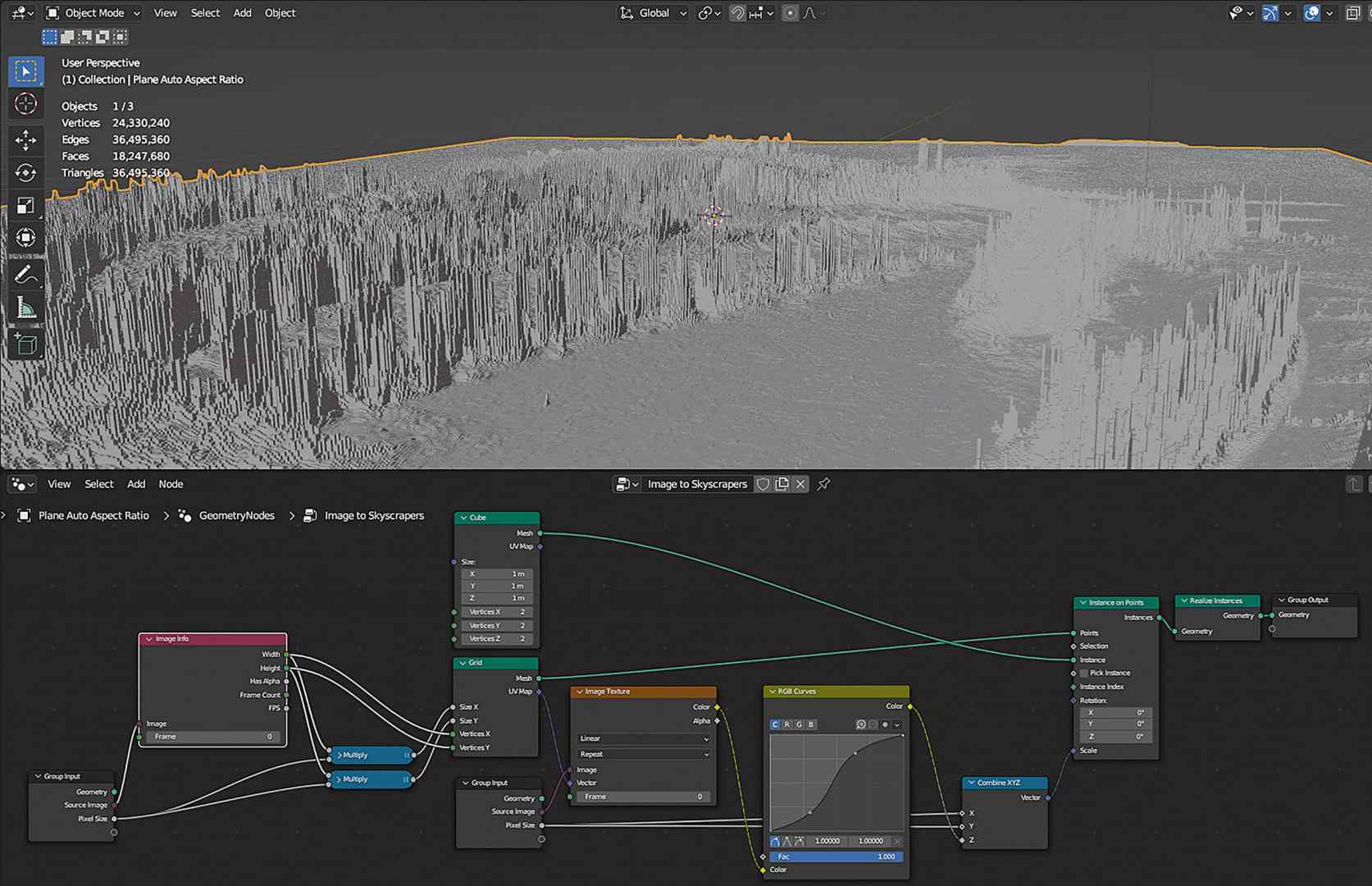 a computer screen displaying a 3d modeling software interface featuring a landscape with vertical elements resembling grass or trees the visual includes nodebased material settings and color adjustments in the lower half of the screen digital production A computer screen displaying a 3D modeling software interface, featuring a landscape with vertical elements resembling grass or trees. The visual includes node-based material settings and color adjustments in the lower half of the screen.