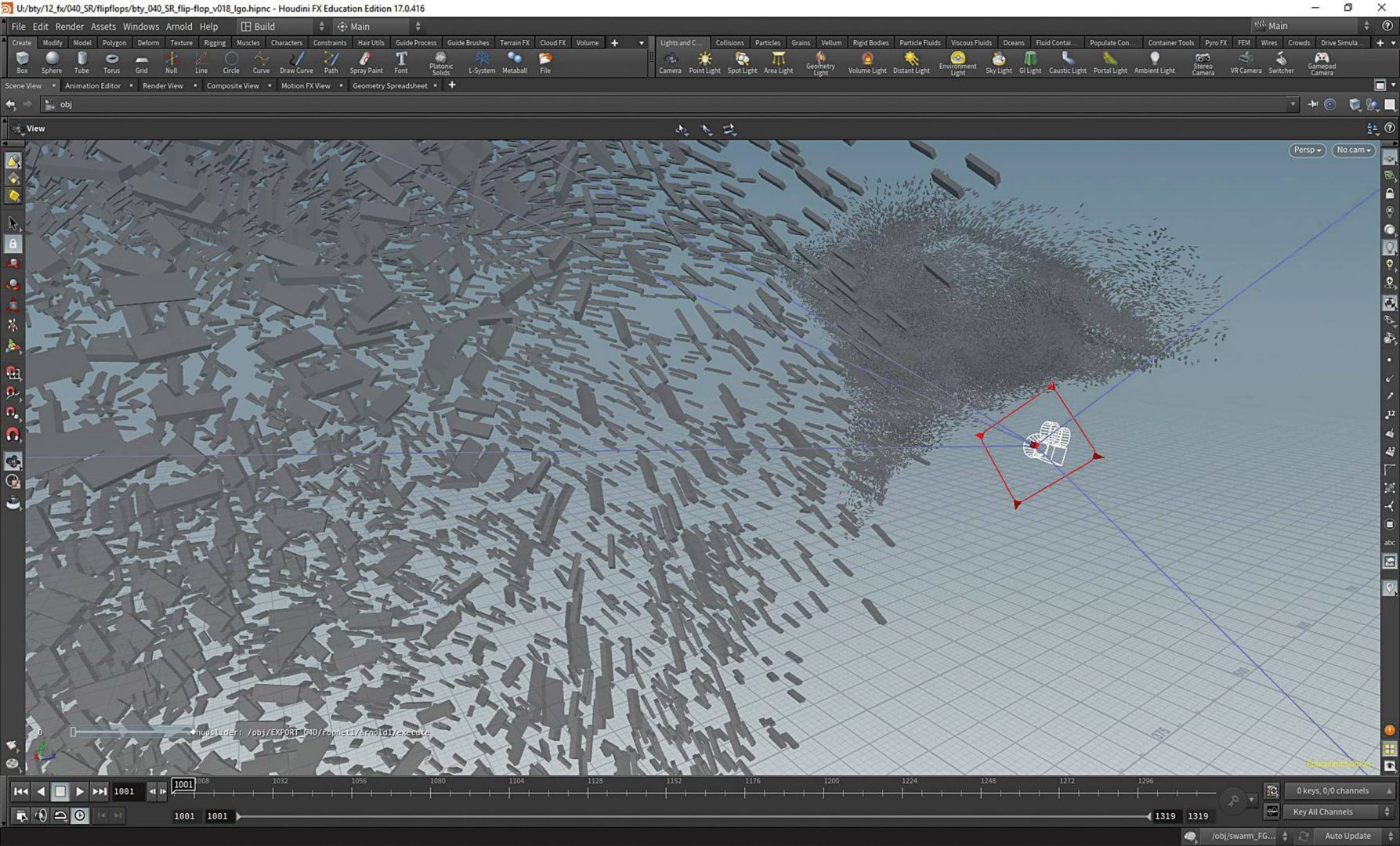 a digital 3d rendering in a software interface showing scattered geometric shapes depicting motion or destruction the workspace is filled with fragments spreading across a grid background with a selection box indicating an object digital production A digital 3D rendering in a software interface showing scattered geometric shapes depicting motion or destruction. The workspace is filled with fragments spreading across a grid background, with a selection box indicating an object.