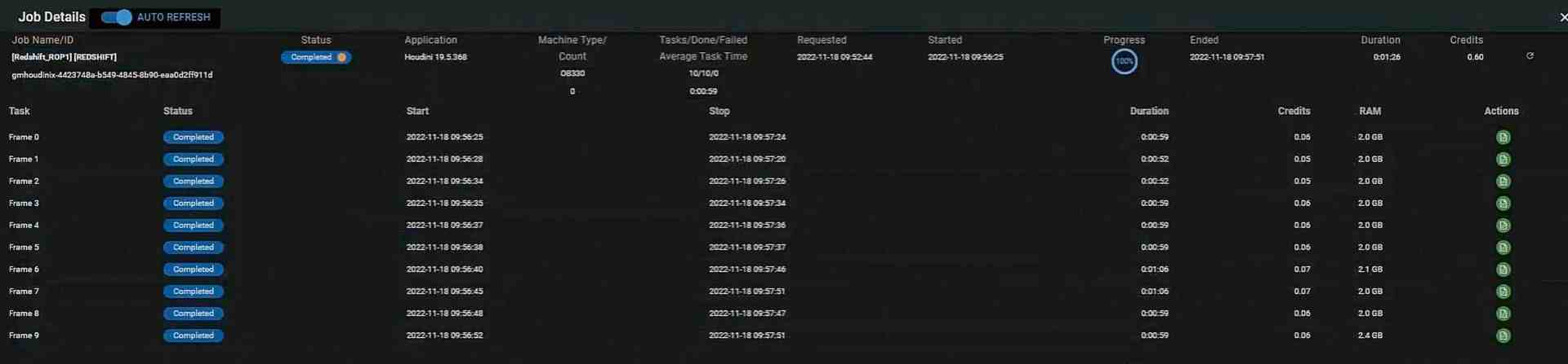 a screenshot of a job details dashboard displaying a list of jobs with details such as job name status start time end time duration and other operational metrics all on a dark background digital production A screenshot of a job details dashboard, displaying a list of jobs with details such as job name, status, start time, end time, duration, and other operational metrics, all on a dark background.