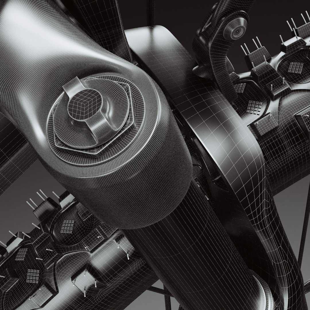 a detailed 3d wireframe model of a bicycle component focusing on the junction of the frame and fork the structure showcases geometric lines and shapes emphasizing the mechanical design digital production A detailed 3D wireframe model of a bicycle component, focusing on the junction of the frame and fork. The structure showcases geometric lines and shapes, emphasizing the mechanical design.