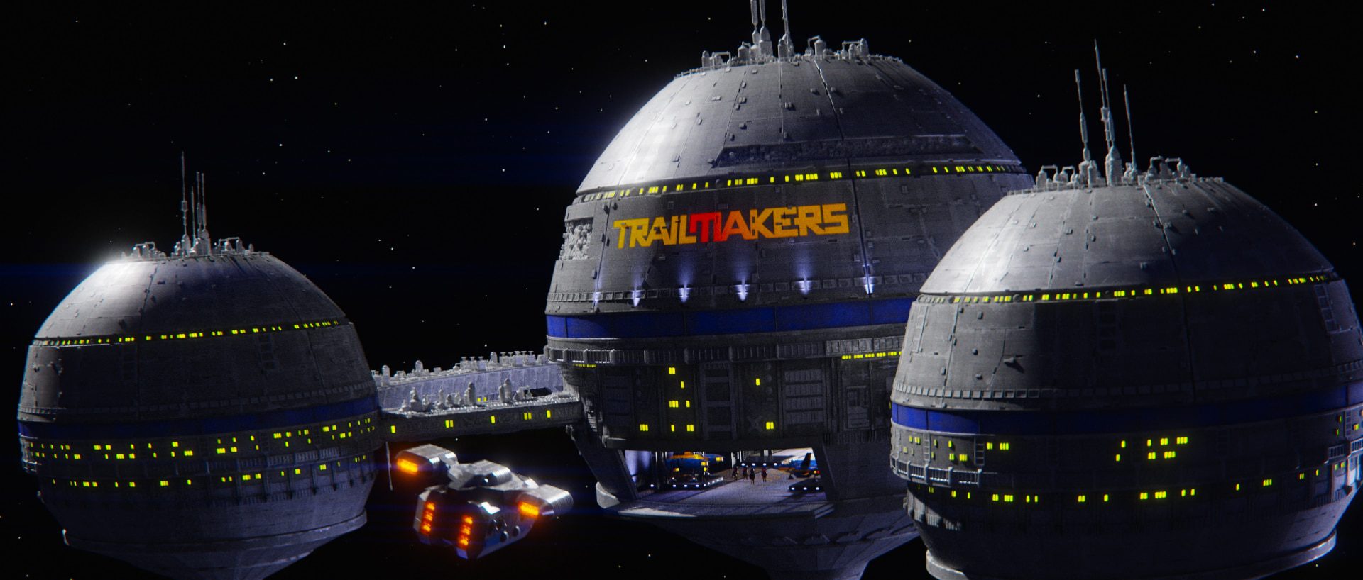 a threedomed futuristic space station with the word trailmakers illuminated on the central dome the station features lights and structures with a shuttle approaching from the left digital production A three-domed futuristic space station with the word 'TRAILMAKERS' illuminated on the central dome. The station features lights and structures, with a shuttle approaching from the left.