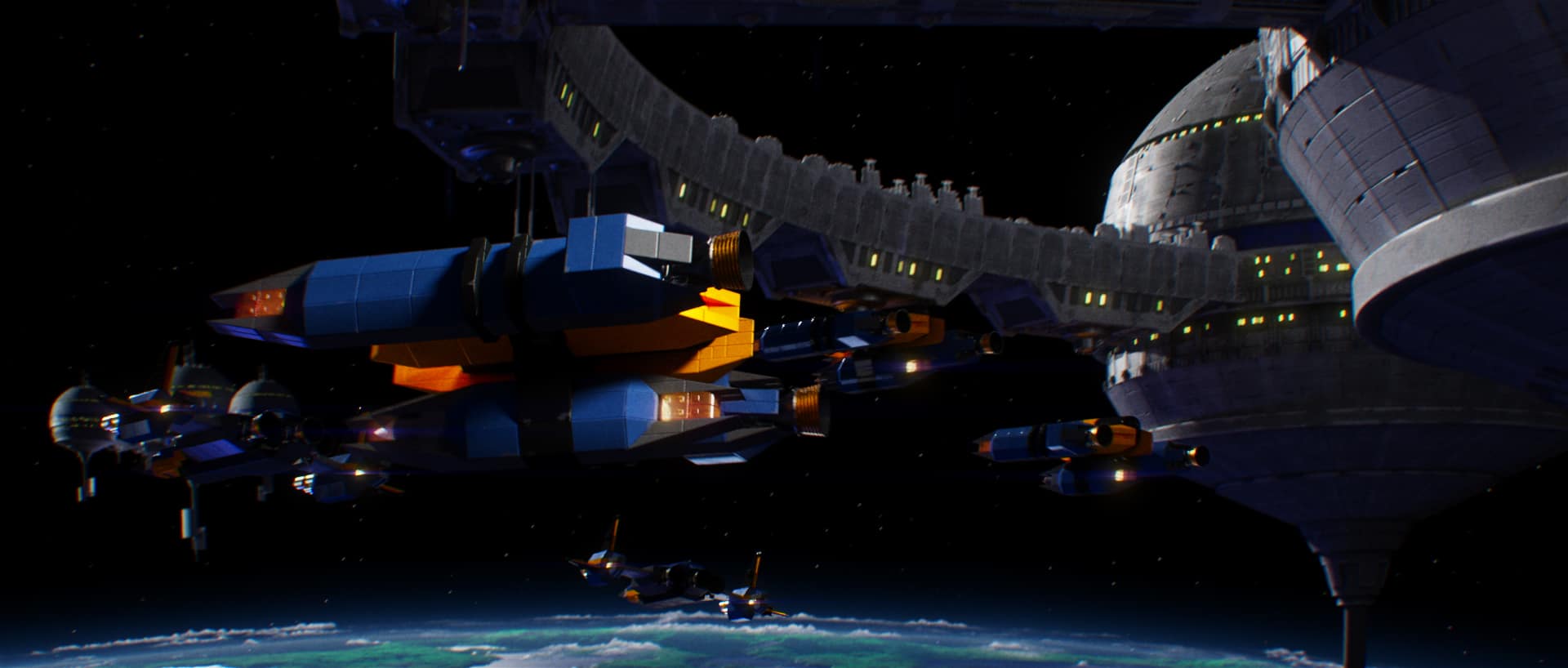 a futuristic space station with a circular structure various spacecraft docked nearby and earth visible in the background showcasing a technologically advanced setting in outer space digital production A futuristic space station with a circular structure, various spacecraft docked nearby, and Earth visible in the background, showcasing a technologically advanced setting in outer space.