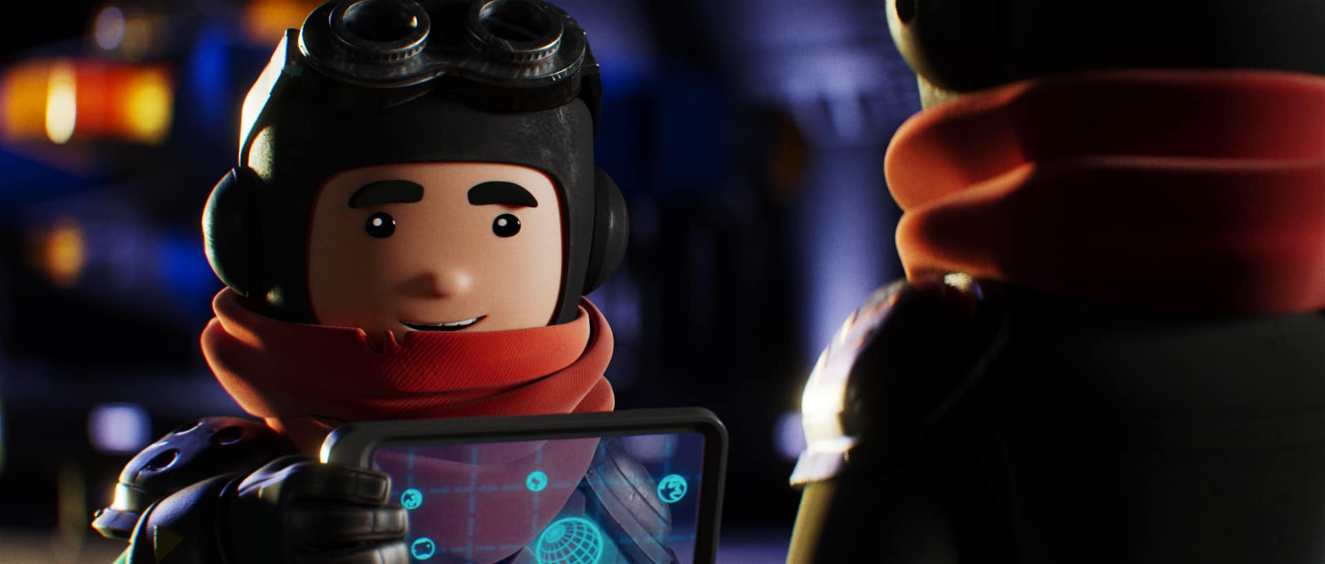 two toy figurines dressed in pilot outfits one holding a tablet displaying a digital map or interface against a dimly lit background that suggests a cockpit or control room digital production Two toy figurines dressed in pilot outfits, one holding a tablet displaying a digital map or interface, against a dimly lit background that suggests a cockpit or control room.