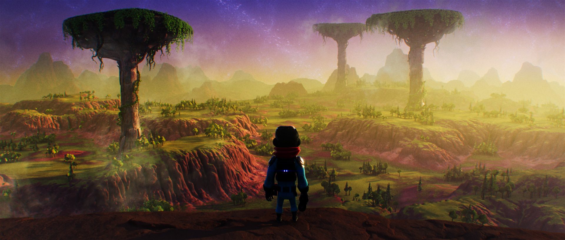 a character wearing a blue outfit and black hat stands on a rocky ledge gazing at a colorful fantasy landscape with towering trees and vast terrain under a starry sky digital production A character wearing a blue outfit and black hat stands on a rocky ledge, gazing at a colorful fantasy landscape with towering trees and vast terrain under a starry sky.