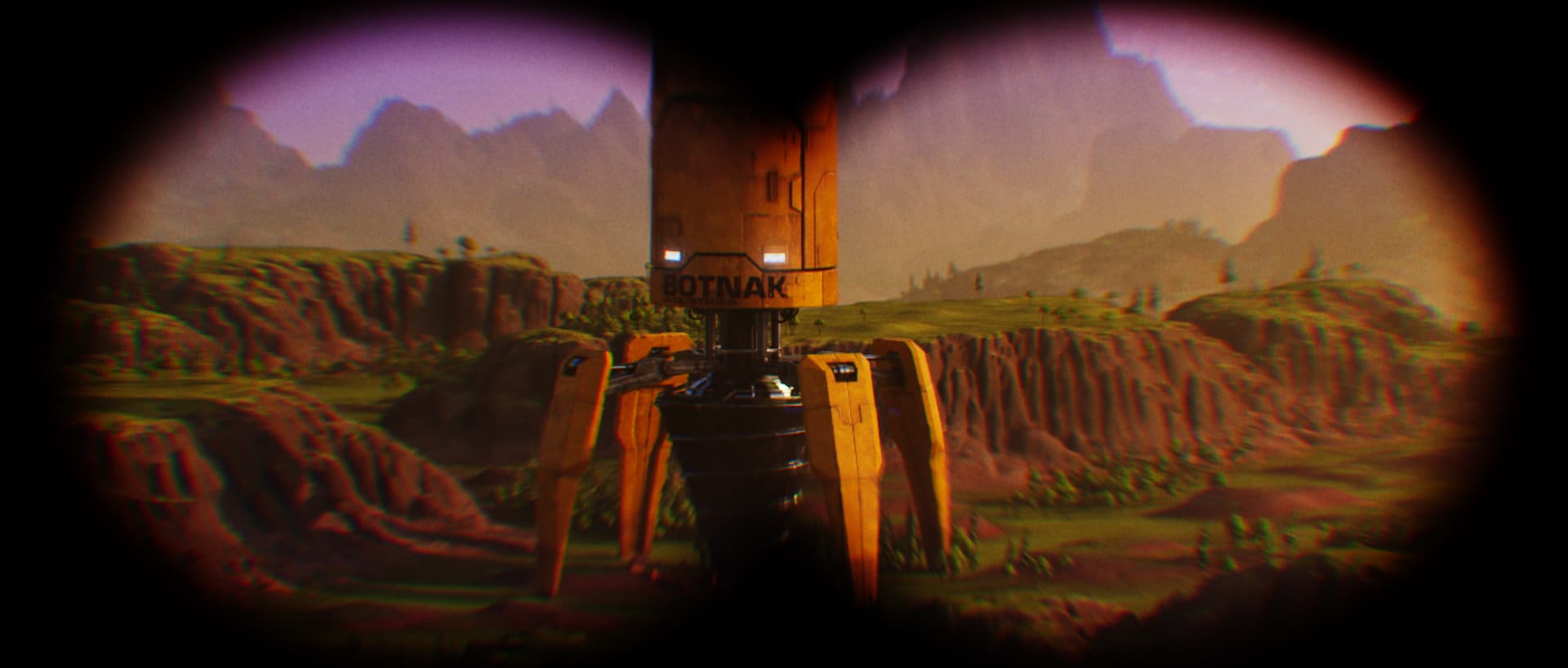 a distant robotic structure with long legs is visible through binoculars surrounded by mountainous terrain and greenery in a vibrant landscape digital production A distant robotic structure with long legs is visible through binoculars, surrounded by mountainous terrain and greenery in a vibrant landscape.