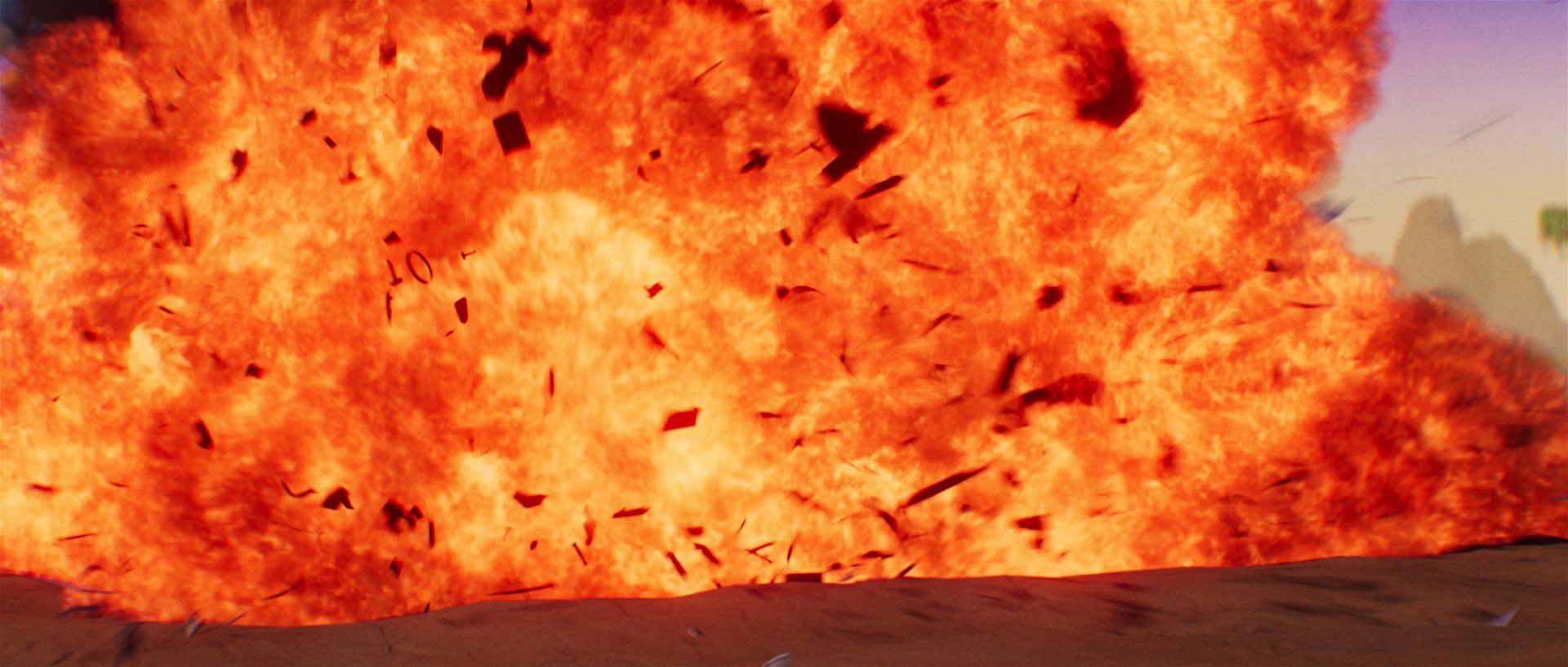 a large explosion producing a fireball with flying debris set against a blurred background the colors are primarily bright orange and red indicating a massive blast impact digital production A large explosion producing a fireball with flying debris, set against a blurred background. The colors are primarily bright orange and red, indicating a massive blast impact.