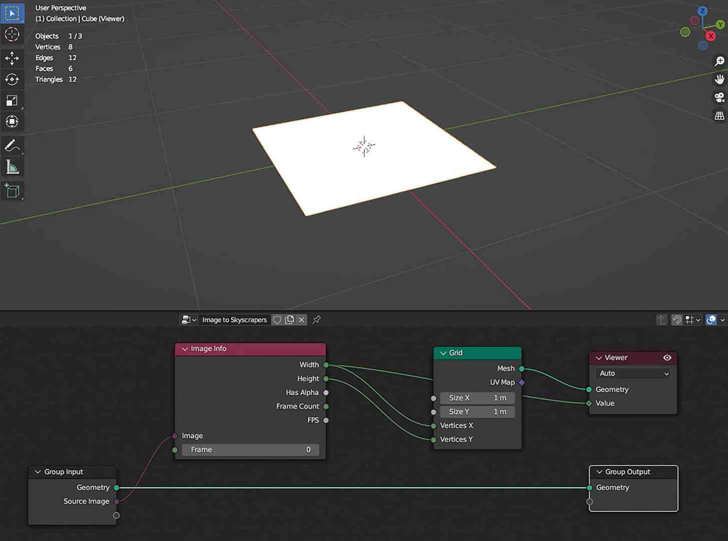 a screenshot of a computer graphics software interface featuring a 3d grid square on a dark background and nodebased connections for image processing at the bottom panels show options for image settings uv mapping and geometry input and output digital production A screenshot of a computer graphics software interface, featuring a 3D grid square on a dark background and node-based connections for image processing at the bottom. Panels show options for image settings, UV mapping, and geometry input and output.