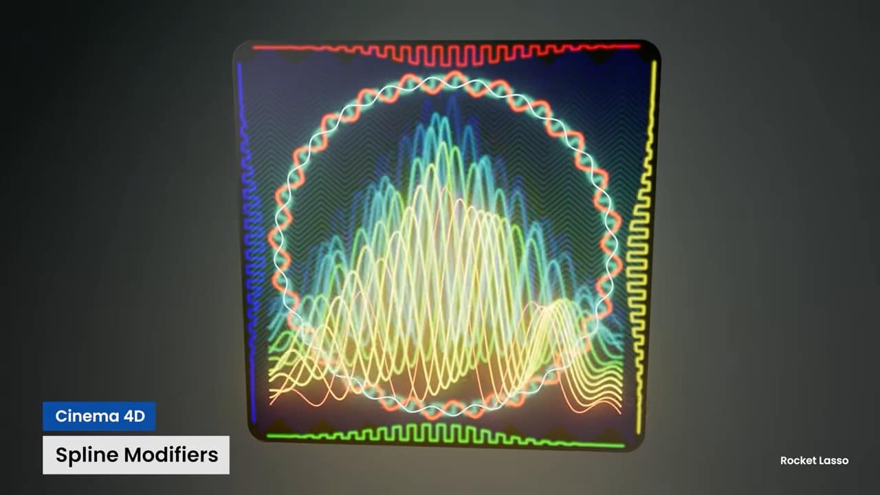 a colorful animated graphic featuring waveforms in neon colors arranged in circular and linear patterns the design includes the text cinema 4d and spline modifiers in the bottom left corner digital production A colorful, animated graphic featuring waveforms in neon colors arranged in circular and linear patterns. The design includes the text 'Cinema 4D' and 'Spline Modifiers' in the bottom left corner.