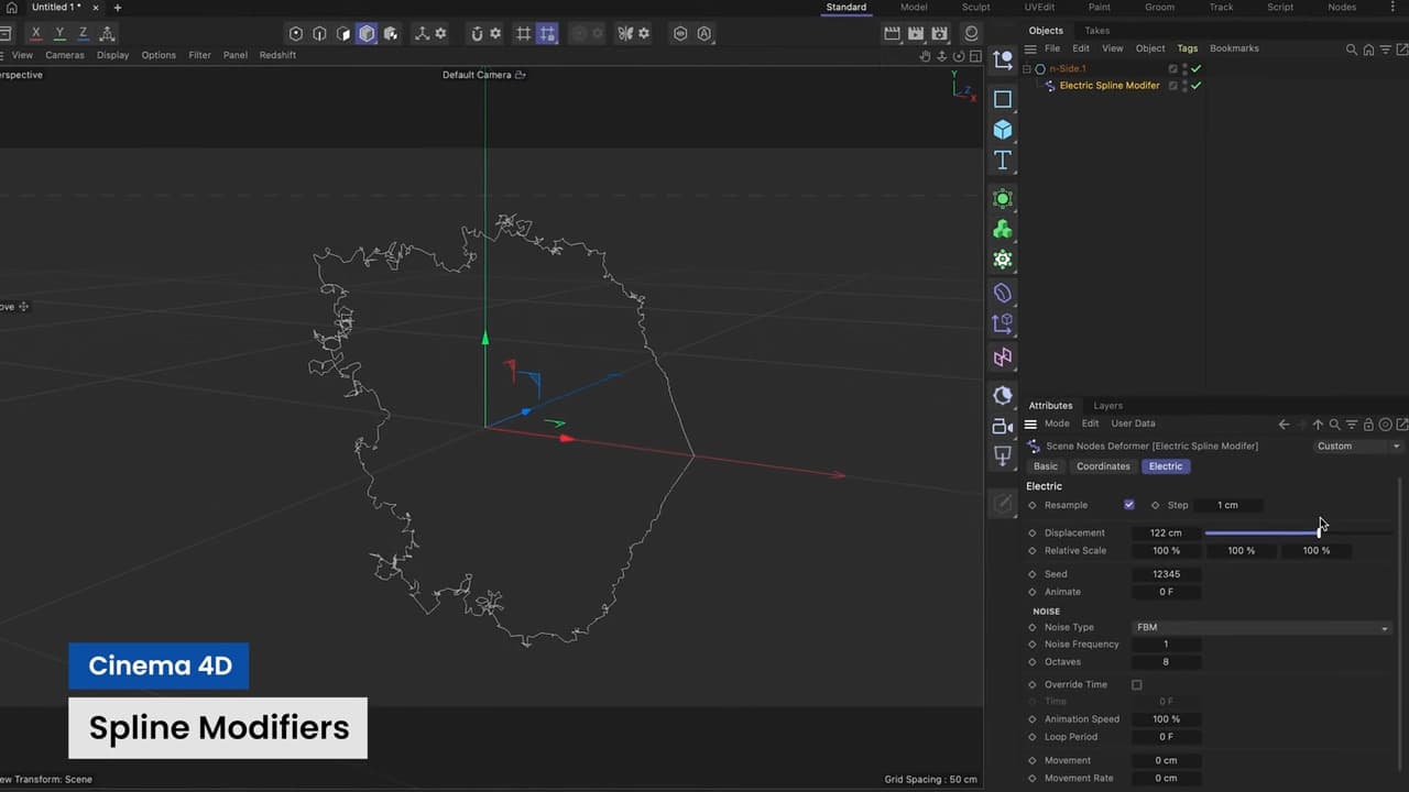 a computer screen displaying cinema 4d software interface with a spline modifier tool open showing a 3d spline model in a workspace elements like axis indicators and a properties panel are visible a label at the bottom left reads cinema 4d spline modifiers digital production A computer screen displaying Cinema 4D software interface with a spline modifier tool open, showing a 3D spline model in a workspace. Elements like axis indicators and a properties panel are visible. A label at the bottom left reads 'Cinema 4D Spline Modifiers'.