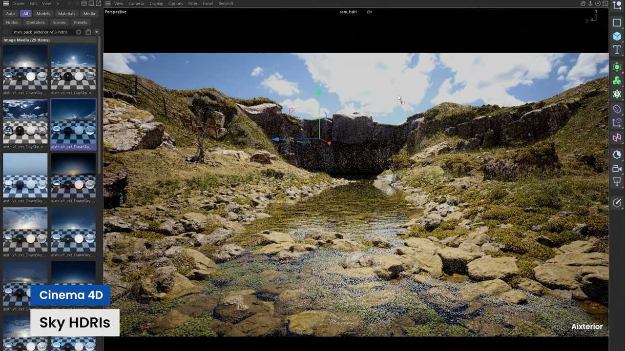 a digital rendering of a natural landscape with rocky terrain and a small stream running through the sky is partly cloudy displaying various shades of blue on the left a panel shows options labeled cinema 4d and sky hdris digital production A digital rendering of a natural landscape with rocky terrain and a small stream running through. The sky is partly cloudy, displaying various shades of blue. On the left, a panel shows options labeled 'Cinema 4D' and 'Sky HDRIs'.