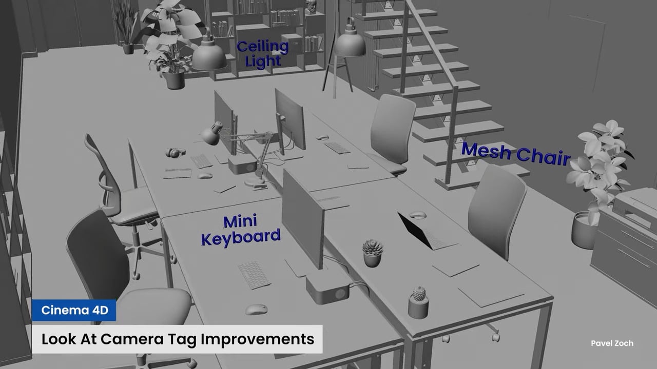 a 3d rendering of an office workspace featuring a desk with dual monitors a mini keyboard and a mesh chair the scene includes a ceiling light and decorative plants labels indicate the elements within the workspace digital production A 3D rendering of an office workspace featuring a desk with dual monitors, a mini keyboard, and a mesh chair. The scene includes a ceiling light and decorative plants. Labels indicate the elements within the workspace.