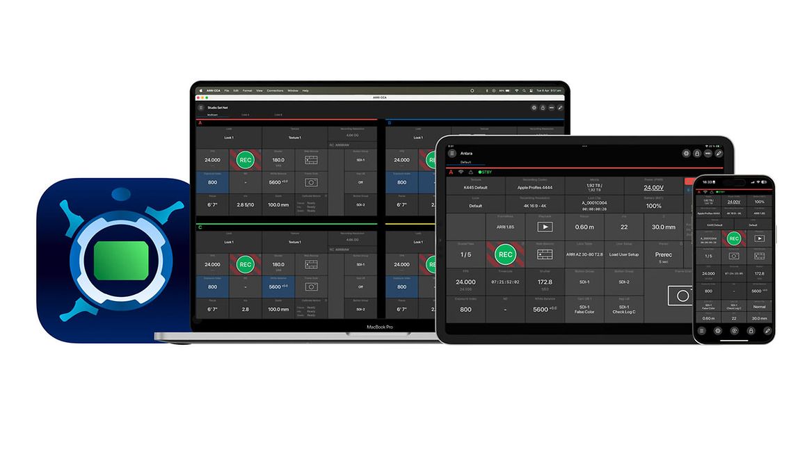 screens displaying a control interface across a laptop tablet and smartphone digital production Screens displaying a control interface across a laptop, tablet, and smartphone.