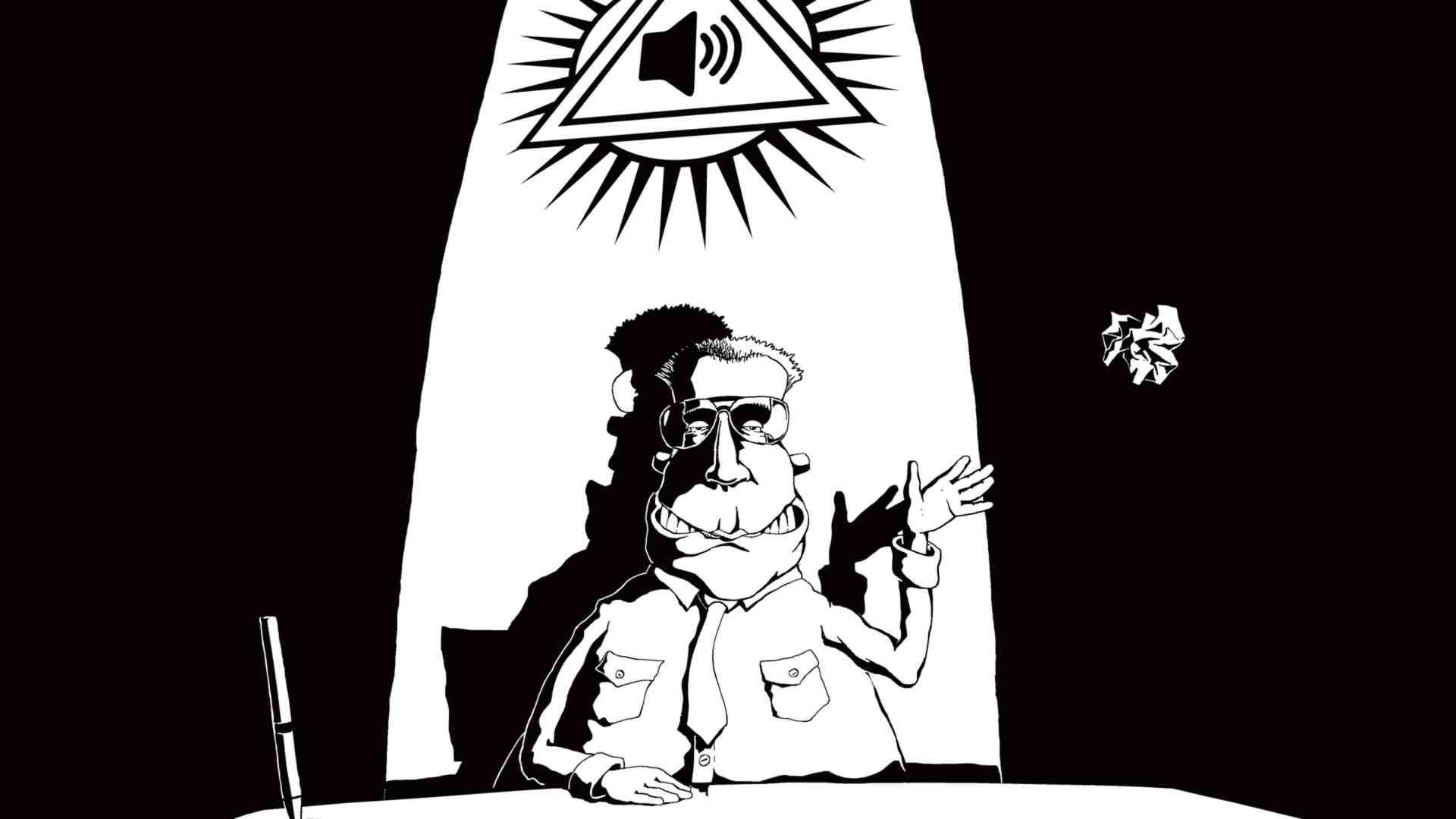 a cartoon character with glasses and a friendly expression seated at a table waving one hand a large symbol resembling an eye with sound waves is depicted above him the background is black and white with sharp contrasts digital production A cartoon character with glasses and a friendly expression seated at a table, waving one hand. A large symbol resembling an eye with sound waves is depicted above him. The background is black and white with sharp contrasts.