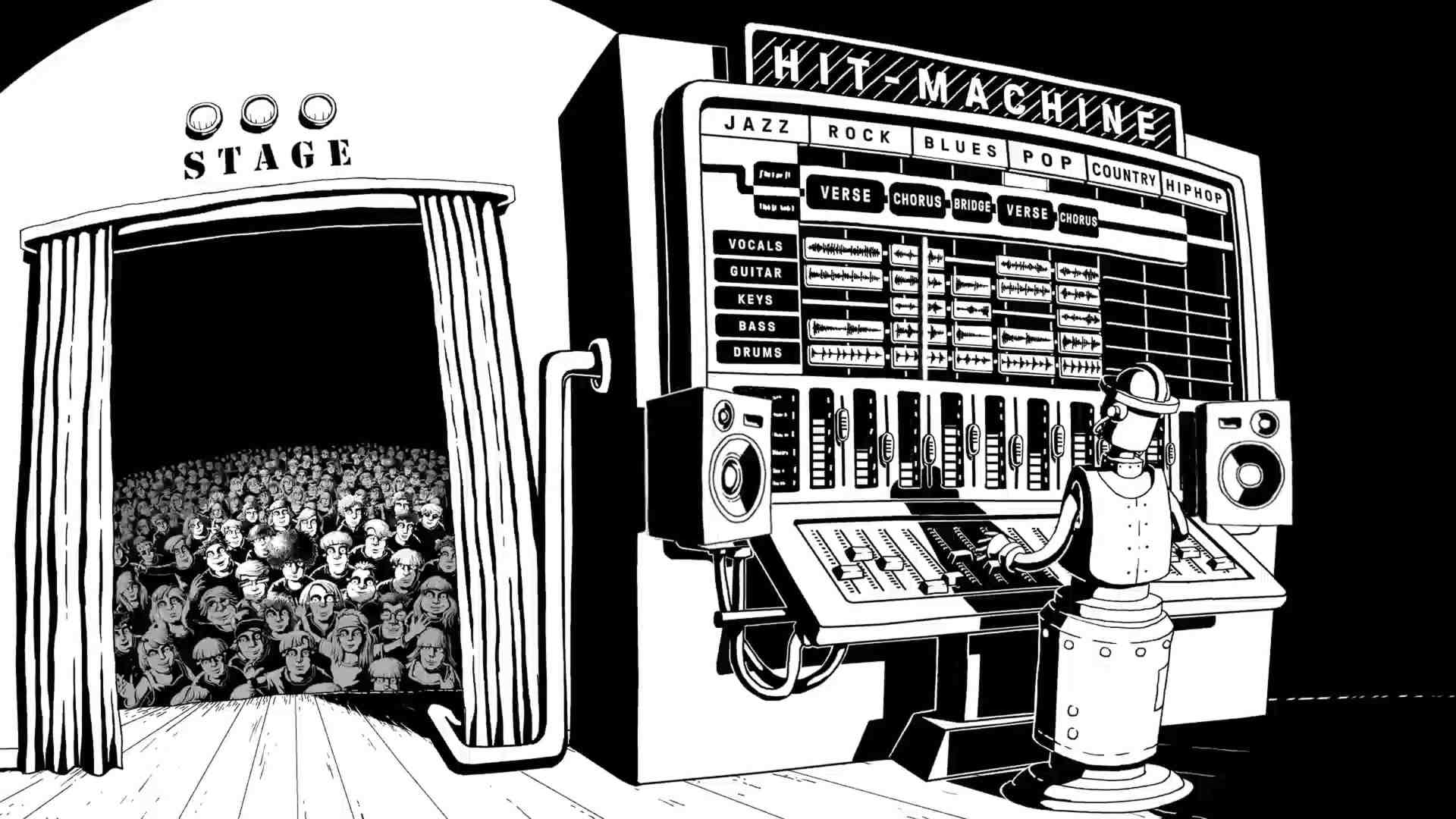 an illustration showing a robotic music machine labeled hiv machine with various music genres listed next to a stage framed by an audience of people the scene is in black and white digital production An illustration showing a robotic music machine labeled 'HIV MACHINE' with various music genres listed, next to a stage framed by an audience of people. The scene is in black and white.