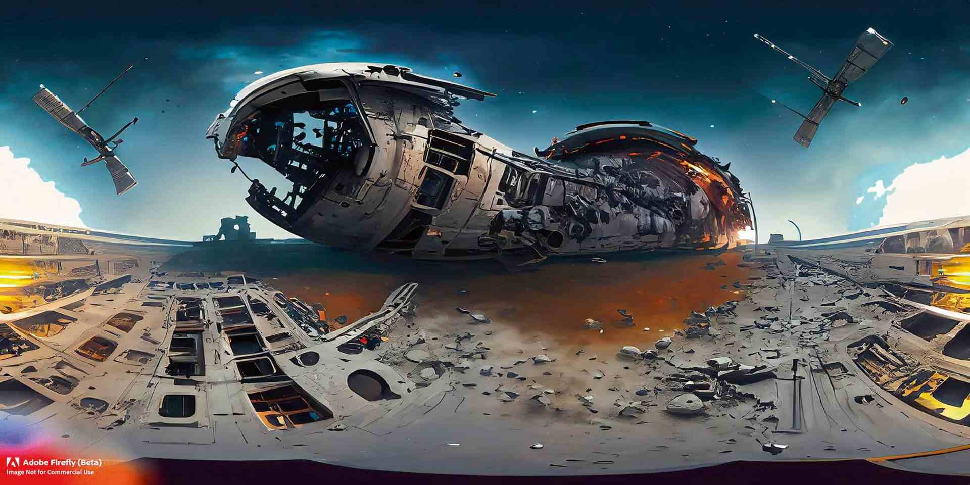 a damaged spaceship amidst debris in space digital production A damaged spaceship amidst debris in space.