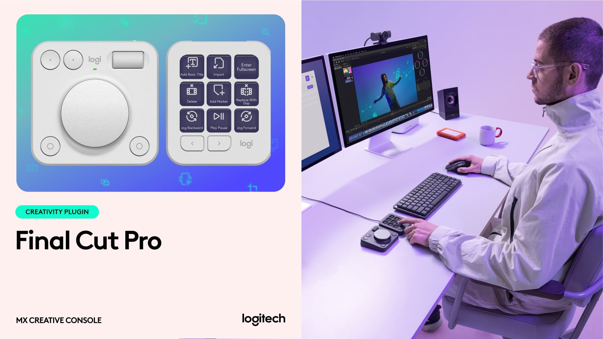 a person editing video on a computer with logitech console and accessories digital production A person editing video on a computer with Logitech console and accessories.