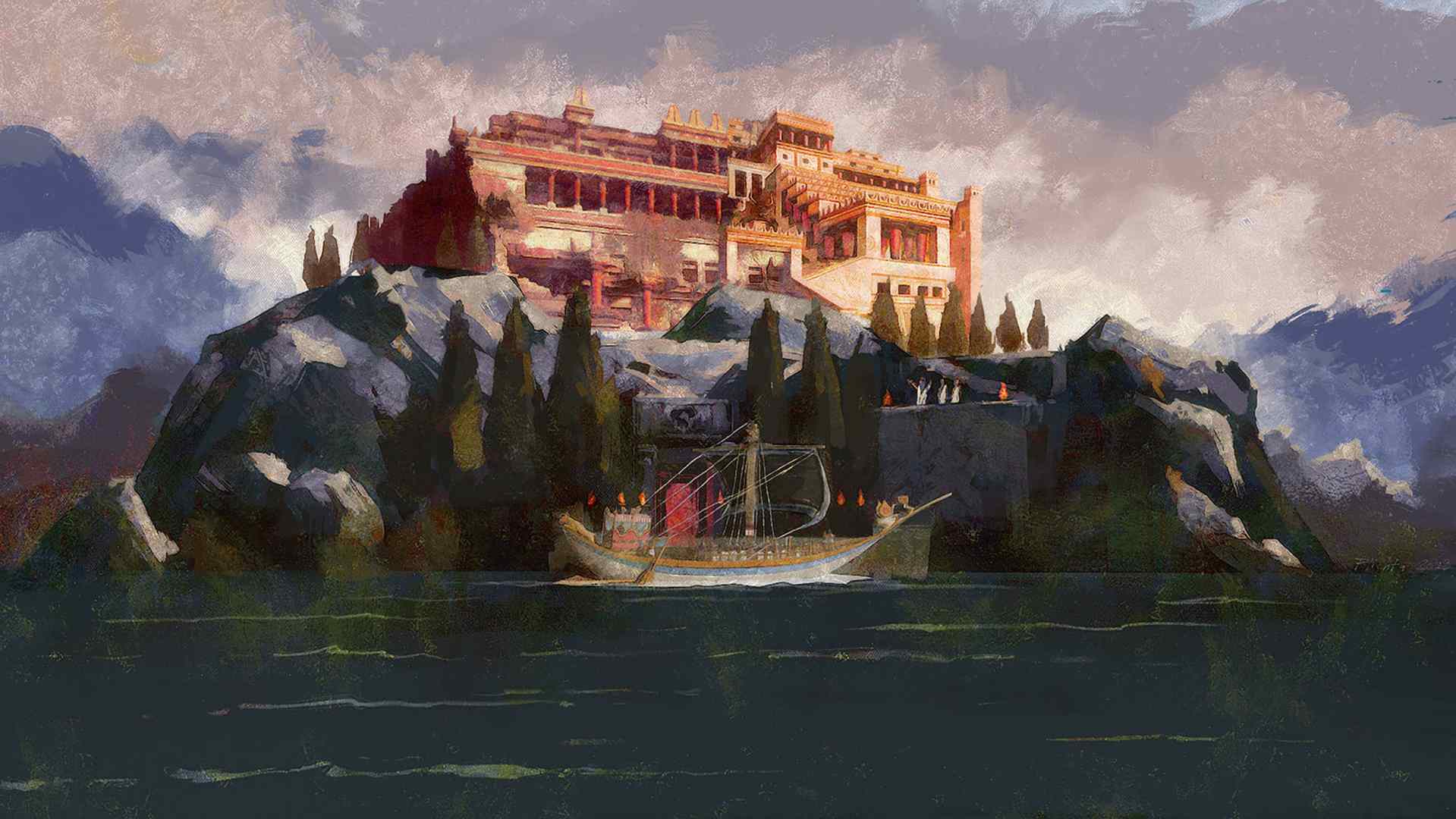 a large palace on a rocky island with a boat in the foreground digital production A large palace on a rocky island with a boat in the foreground.