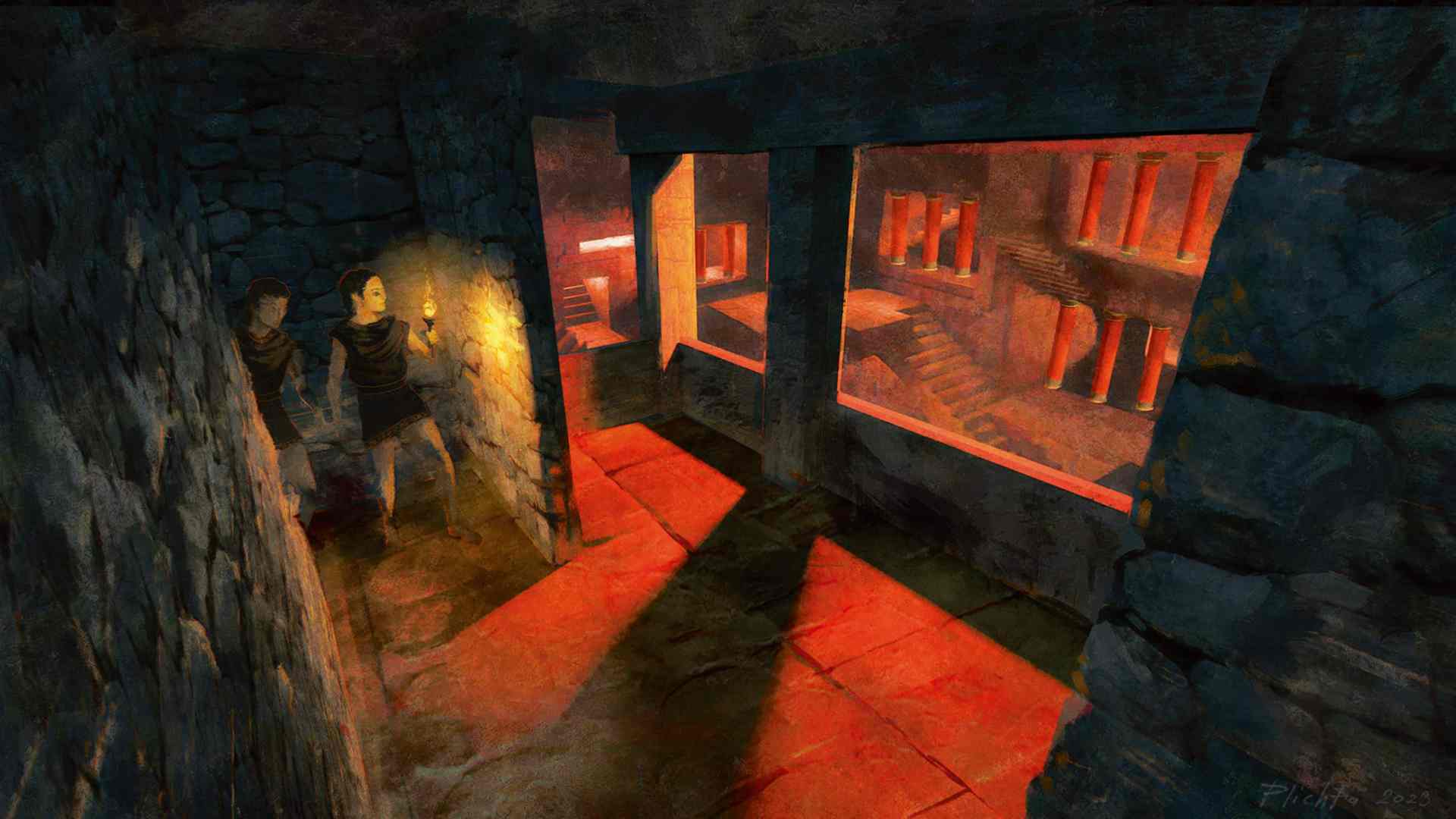 a dimly lit corridor with a person holding a light showing stone walls and windows illuminating a staircase digital production A dimly lit corridor with a person holding a light, showing stone walls and windows illuminating a staircase.