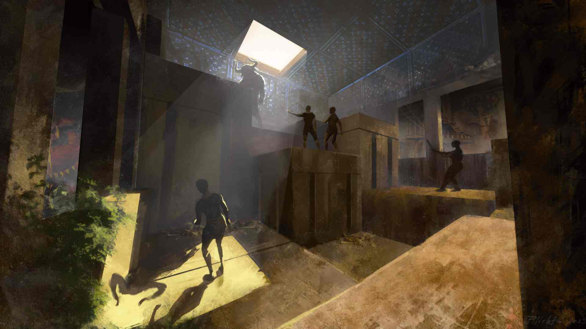 four figures exploring an ancient shadowy space with beams of light digital production Four figures exploring an ancient, shadowy space with beams of light