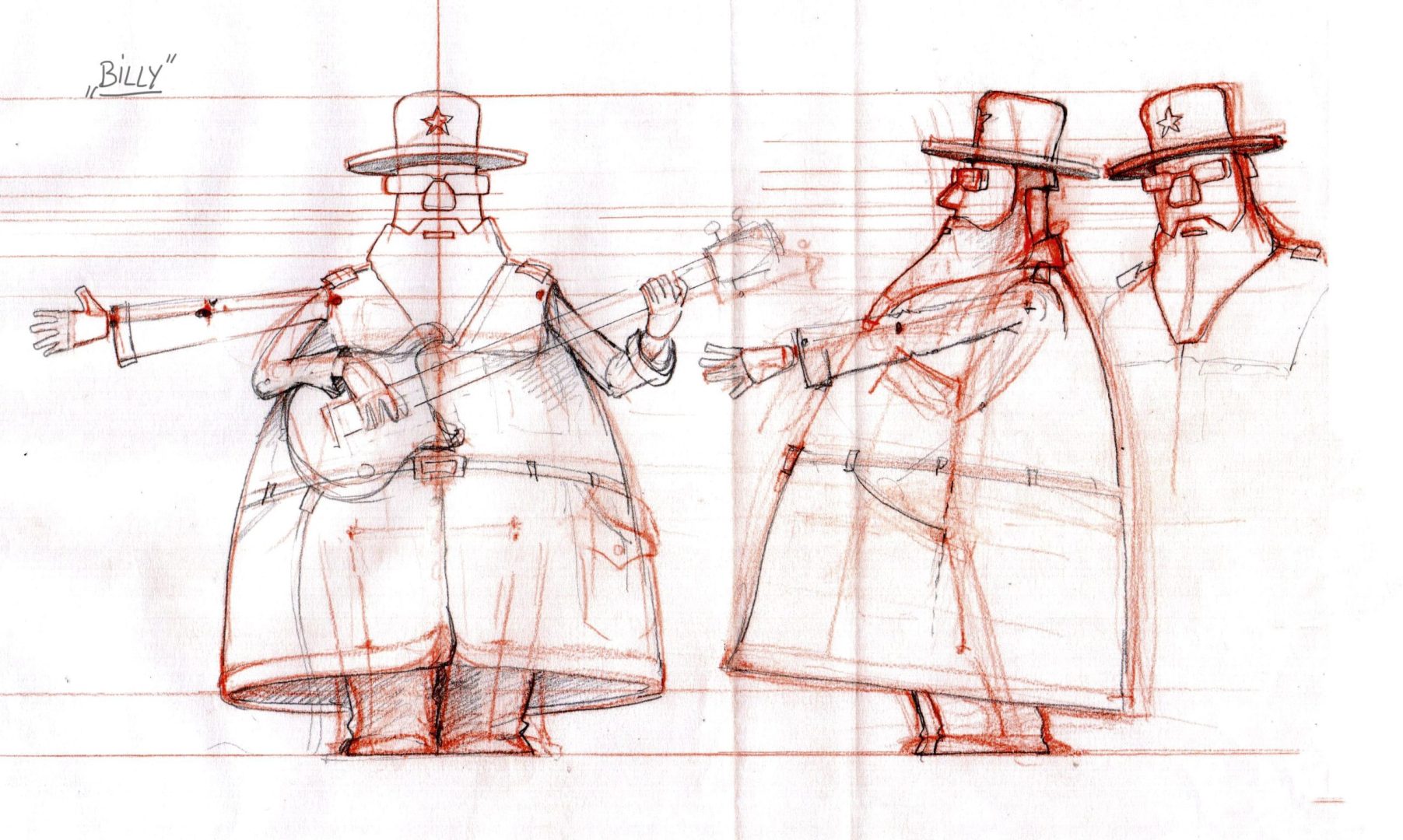 a character design sketch featuring a man playing a guitar he wears a large coat and a hat with a star flanked by two other similar characters with hats the image is sketched in red pencil on a white background digital production A character design sketch featuring a man playing a guitar. He wears a large coat and a hat with a star, flanked by two other similar characters with hats. The image is sketched in red pencil on a white background.