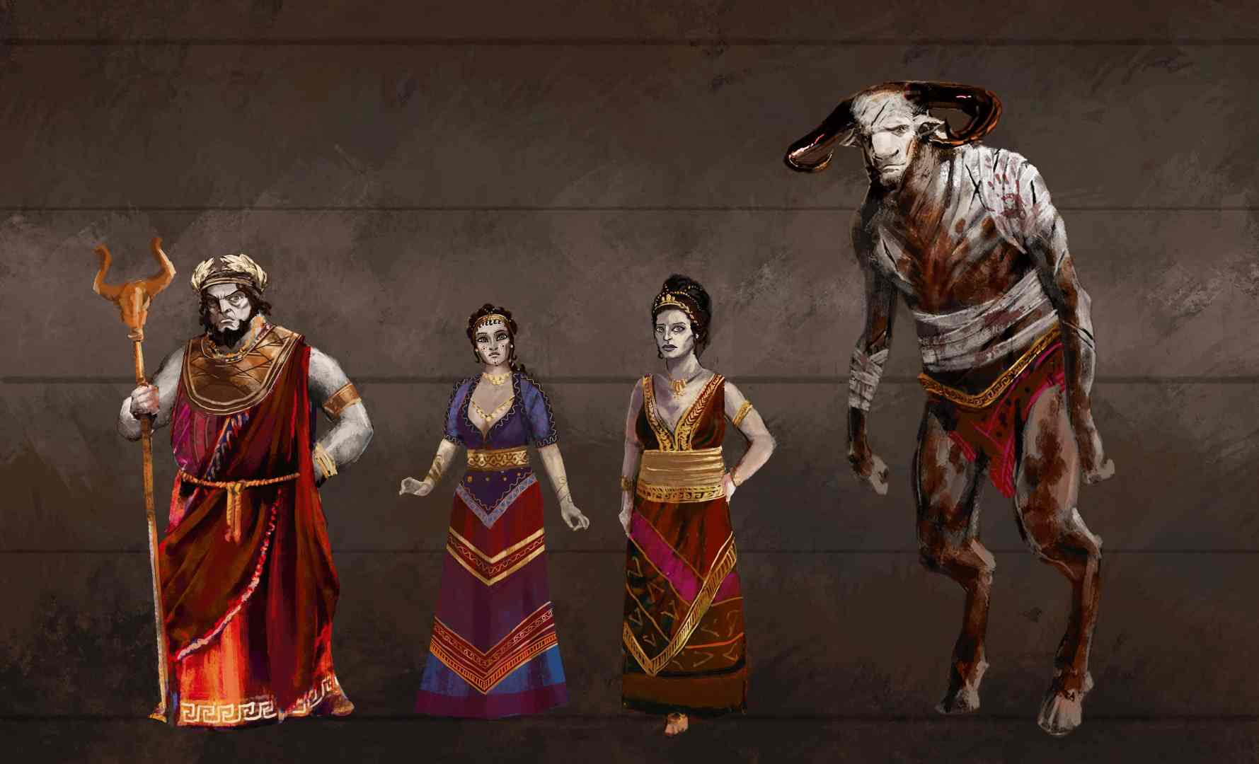 four fantasy characters in traditional costumes including a satyrlike figure digital production Four fantasy characters in traditional costumes, including a satyr-like figure.