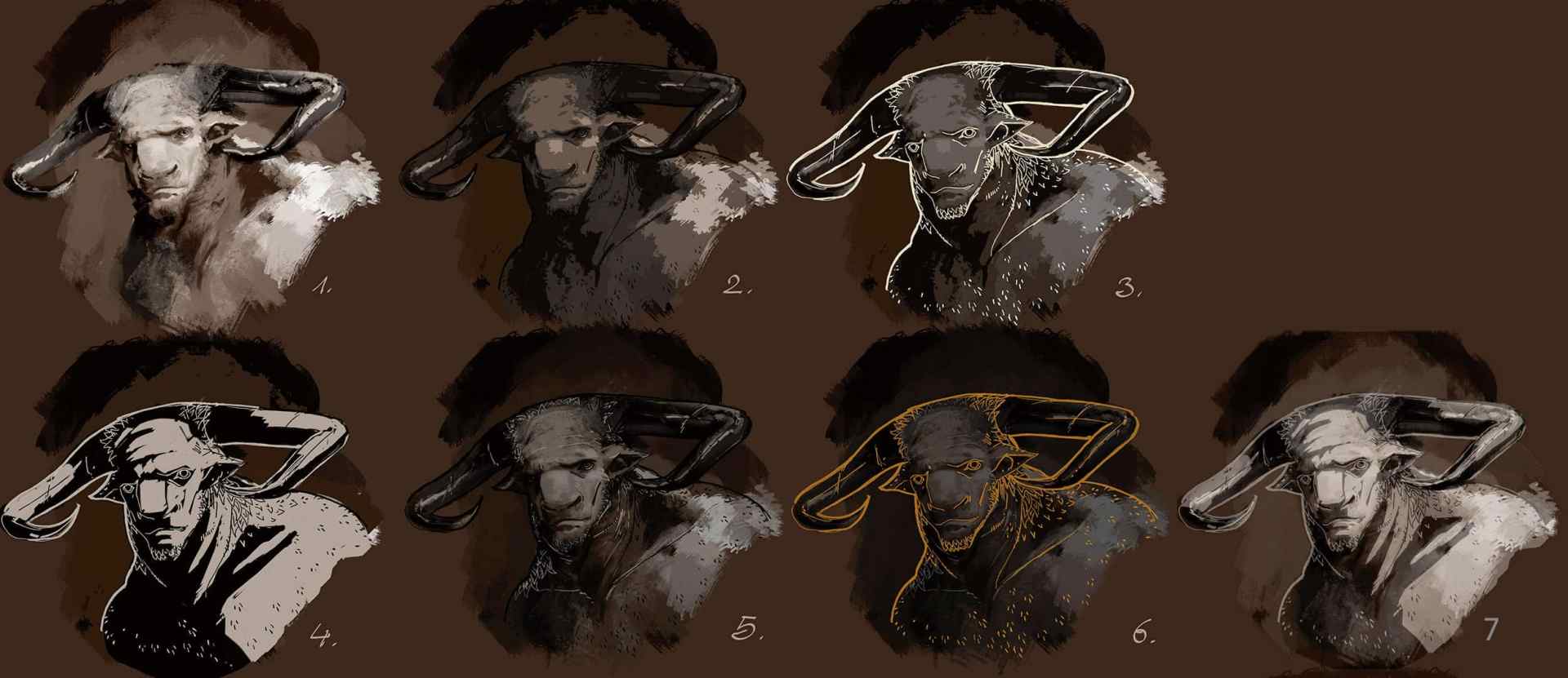 eight stylized portraits of a man with horns in various color schemes and expressions digital production Eight stylized portraits of a man with horns in various color schemes and expressions.