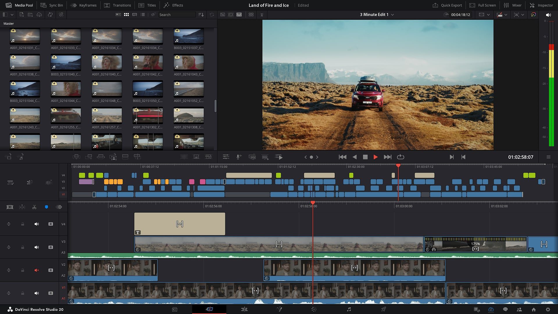 a video editing software interface displaying a timeline and clips featuring a red vehicle driving on a dirt road against a mountainous backdrop thumbnails of video clips are visible on the left side digital production A video editing software interface displaying a timeline and clips, featuring a red vehicle driving on a dirt road against a mountainous backdrop. Thumbnails of video clips are visible on the left side.