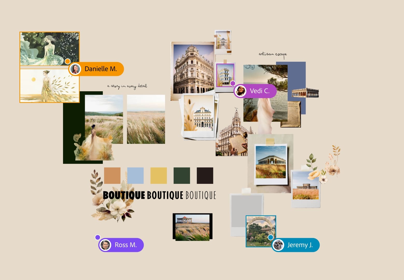 a collage of images and color palettes for a boutique project featuring contributors names digital production A collage of images and color palettes for a boutique project featuring contributors' names.