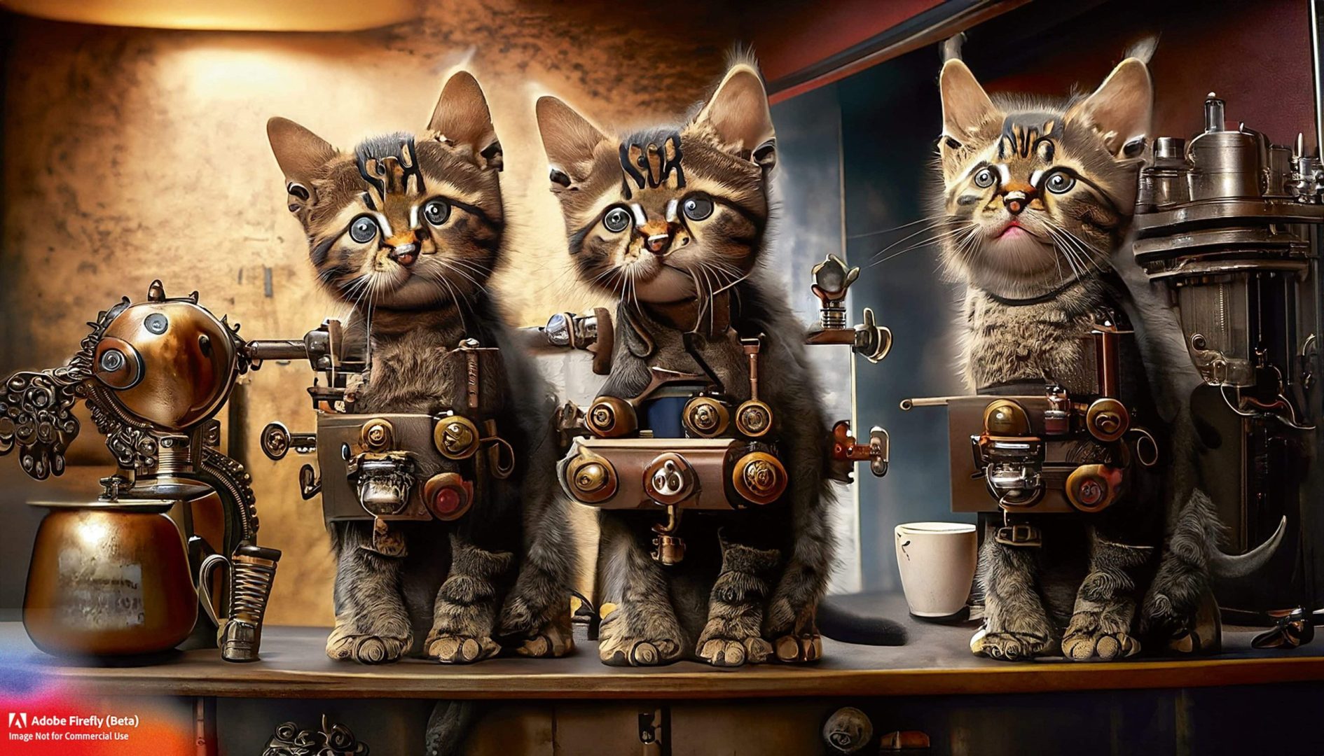 three steampunk cats with machinery on their backs in a workshop setting digital production Three steampunk cats with machinery on their backs in a workshop setting.