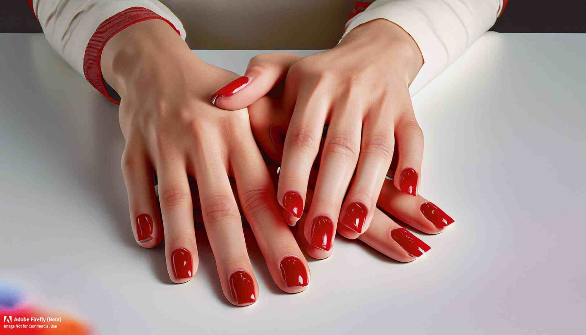 wellmanicured hands with red nail polish resting on a table digital production Well-manicured hands with red nail polish resting on a table