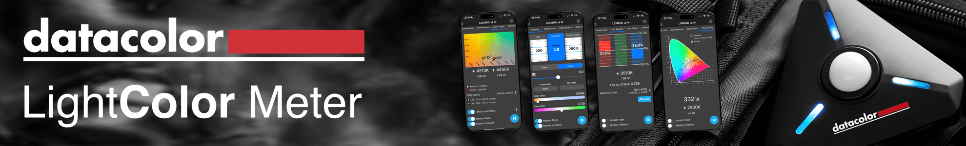 a promotional banner for datacolor featuring the lightcolor meter with images of mobile apps displaying color measurement tools and the device itself set against a dark background digital production A promotional banner for Datacolor featuring the LightColor Meter, with images of mobile apps displaying color measurement tools and the device itself, set against a dark background.